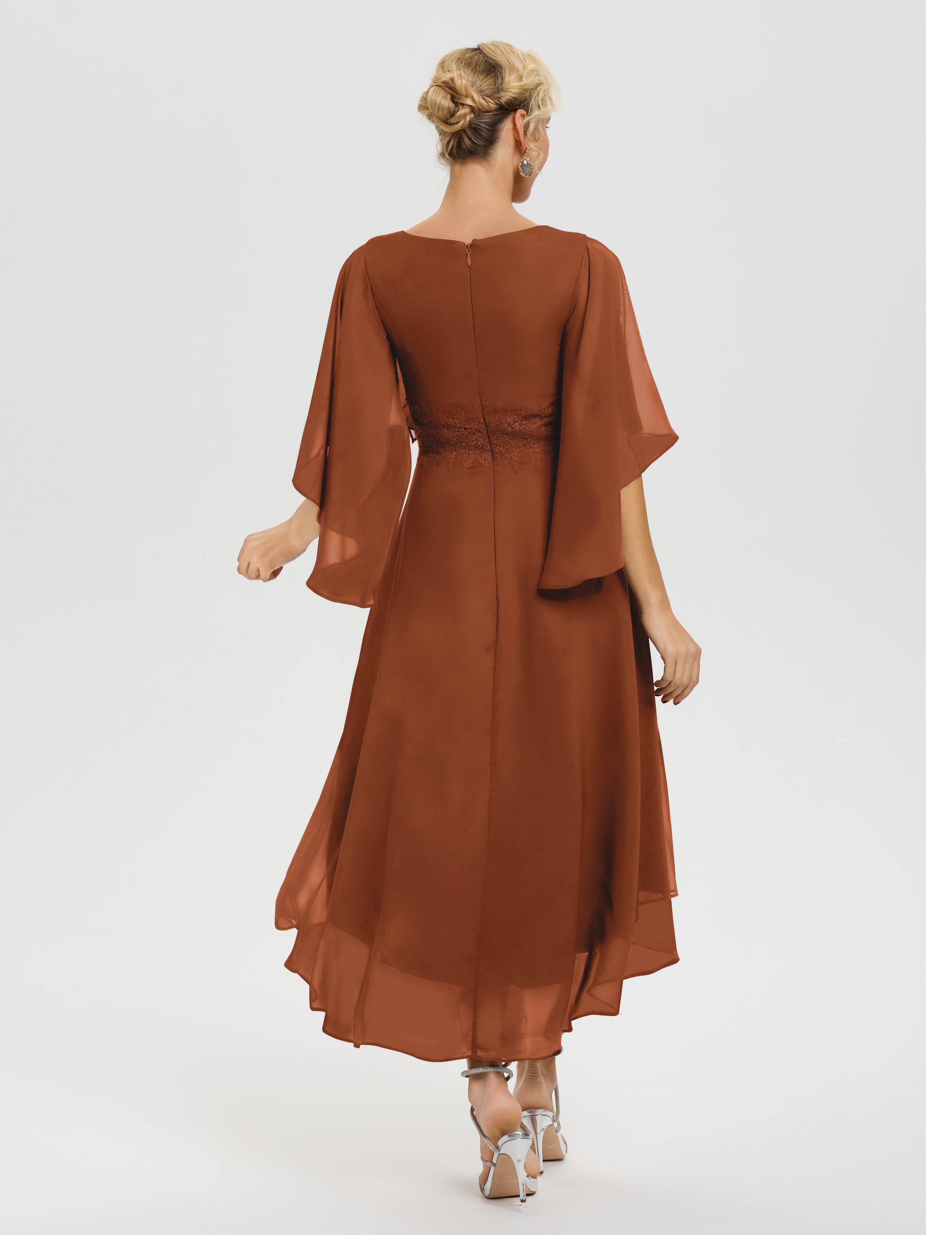 Robe Mere De La Mariee Terracotta Col V Mousseline & Dentelle Manches Asymétrique Robe Pour Mère De Mariée