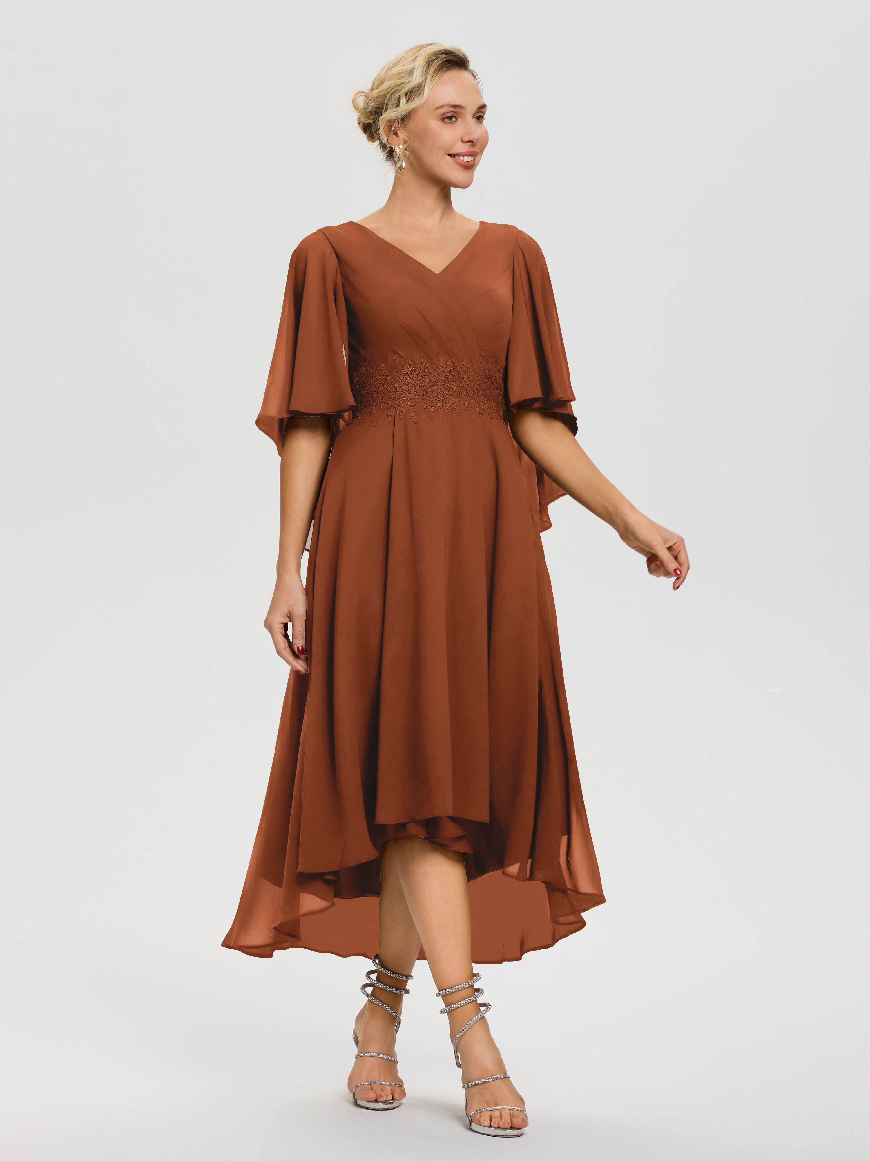 Robe Mere De La Mariee Terracotta Col V Mousseline & Dentelle Manches Asymétrique Robe Pour Mère De Mariée