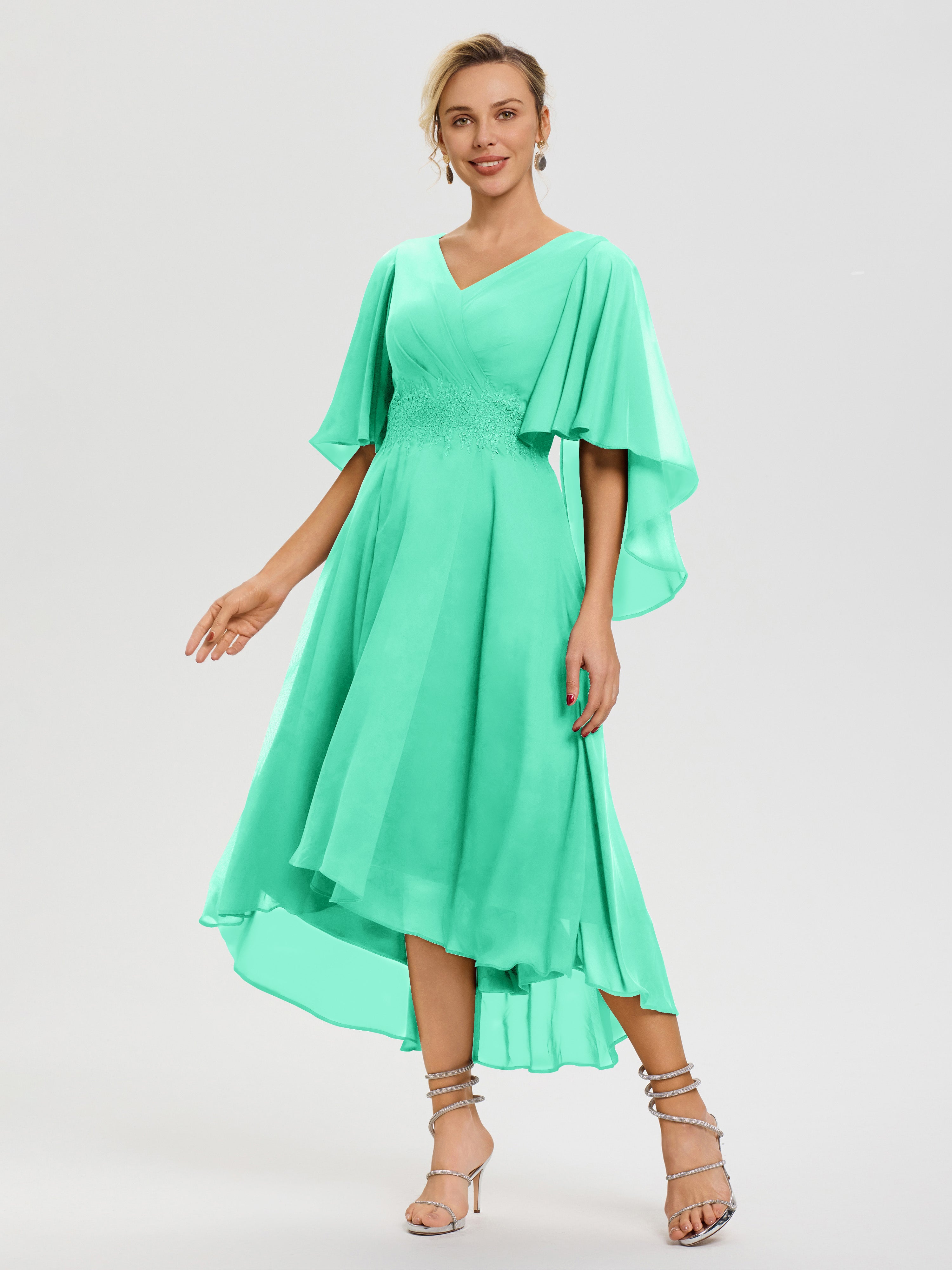 Robe Mère De La Mariee Turquoise Col V Mousseline & Dentelle Manches Asymétrique Robe Pour Mère De Mariée