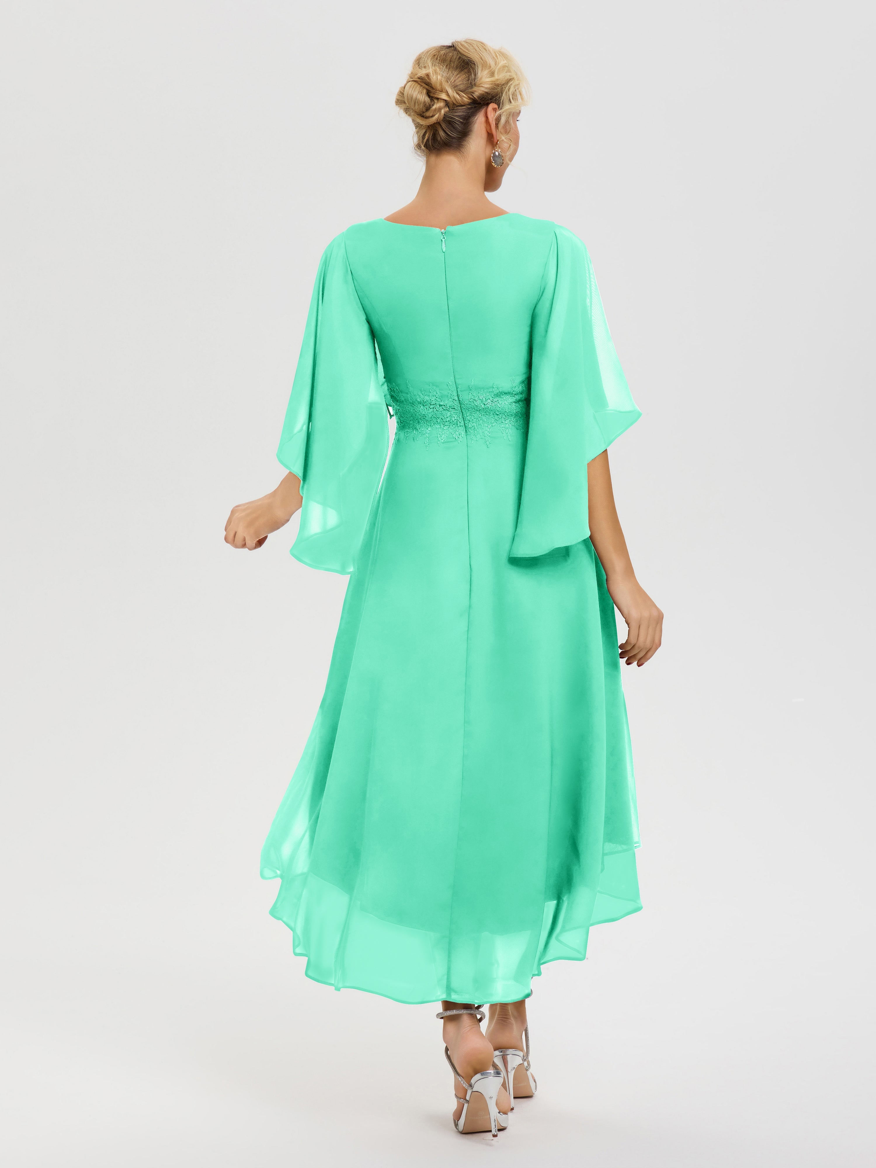 Robe Mère De La Mariee Turquoise Col V Mousseline & Dentelle Manches Asymétrique Robe Pour Mère De Mariée