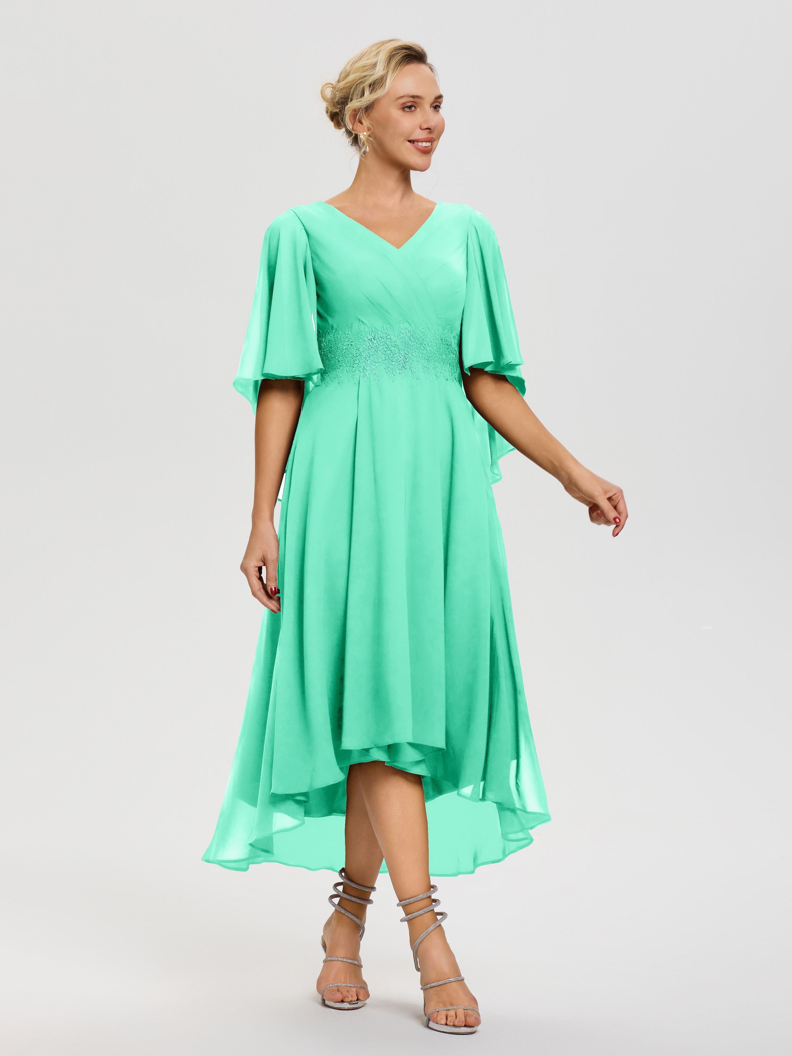 Robe Mère De La Mariee Turquoise Col V Mousseline & Dentelle Manches Asymétrique Robe Pour Mère De Mariée