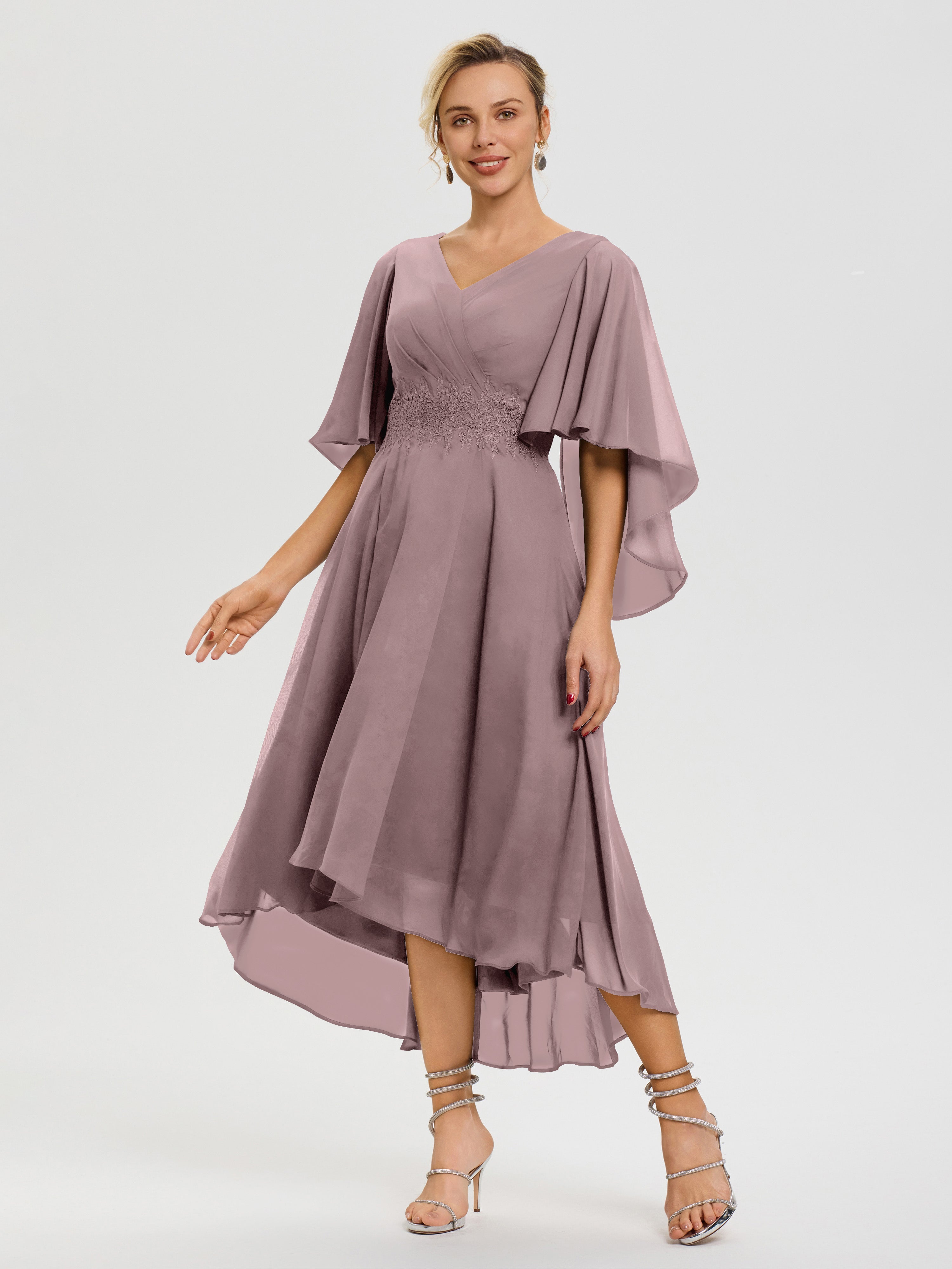 Robe Mère De La Mariee Vintage Mauve Col V Mousseline & Dentelle Manches Asymétrique Robe Pour Mère De Mariée
