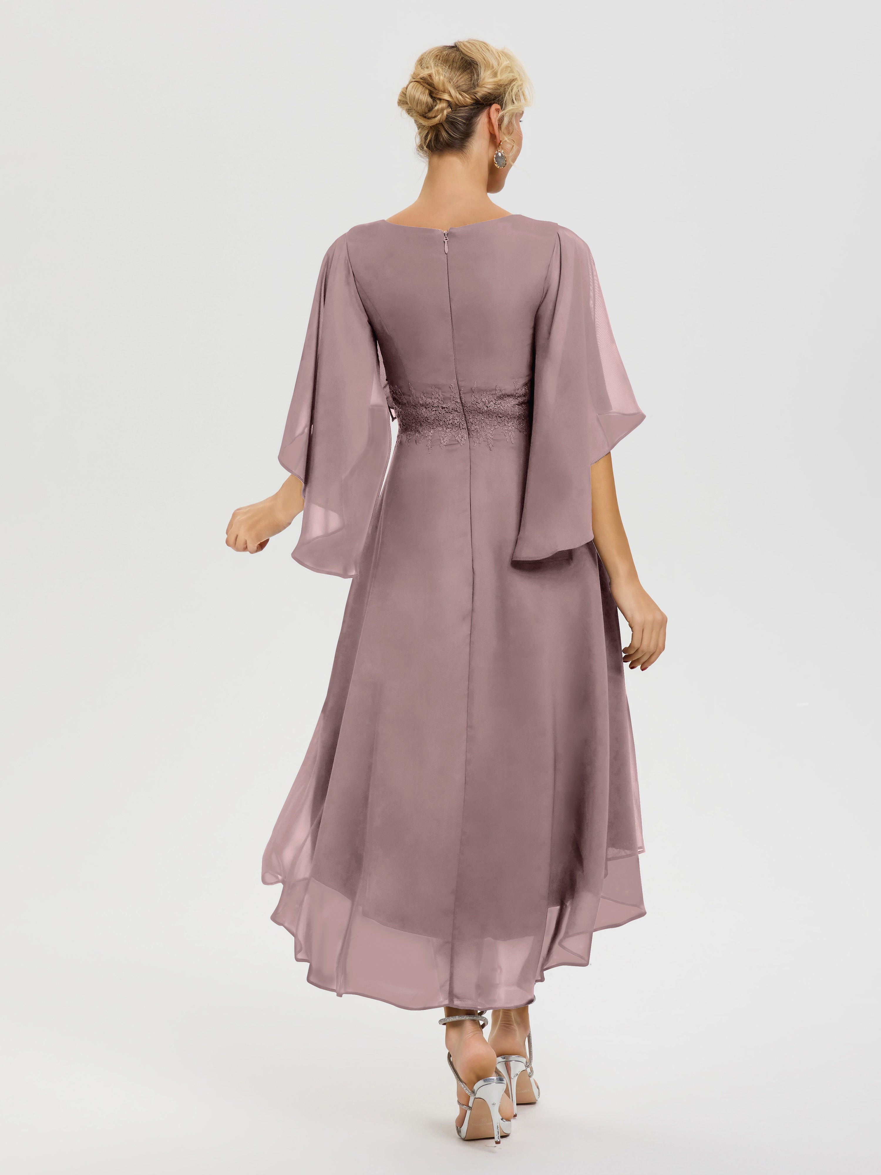 Robe Mère De La Mariee Vintage Mauve Col V Mousseline & Dentelle Manches Asymétrique Robe Pour Mère De Mariée