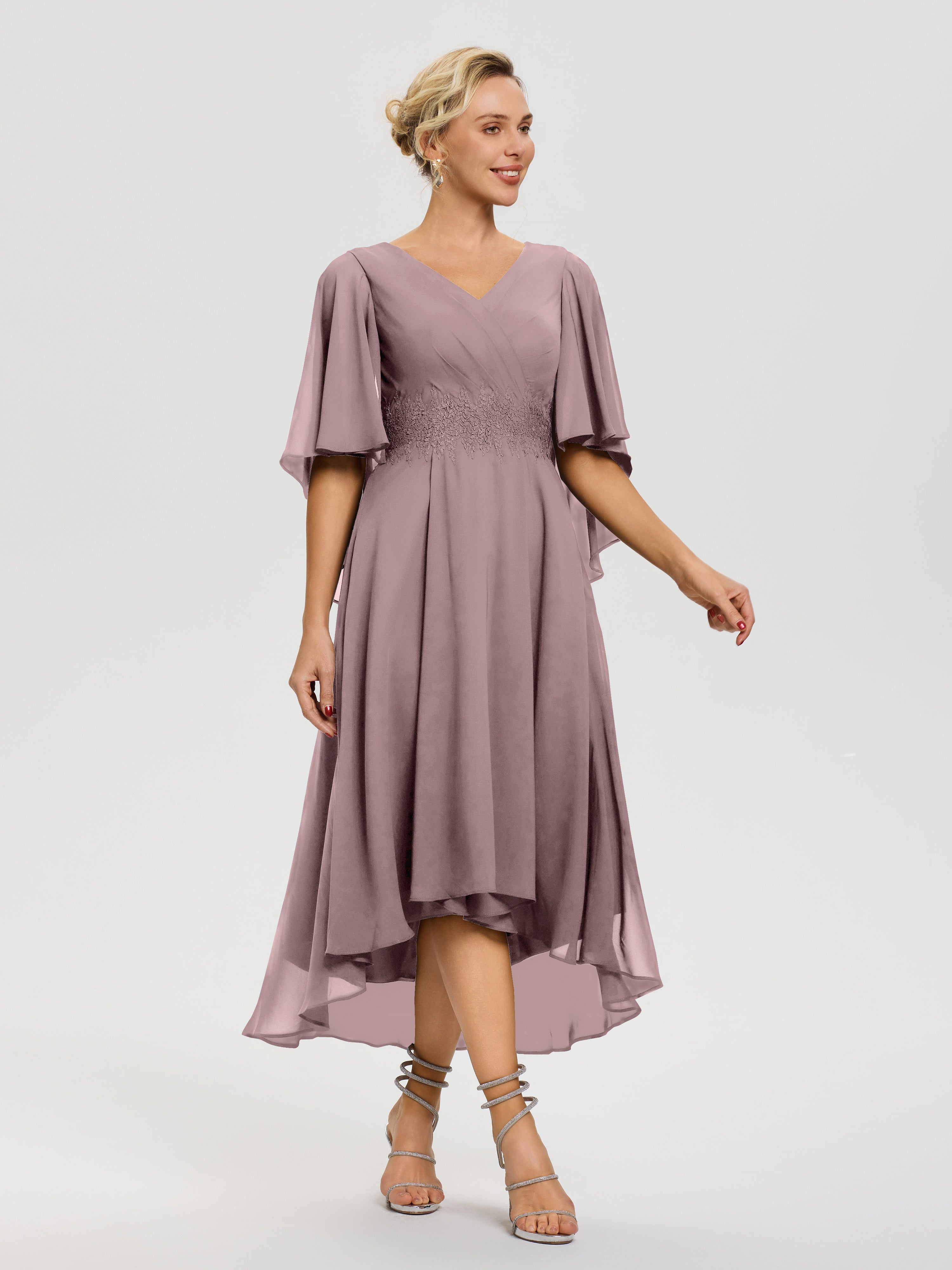 Robe Mère De La Mariee Vintage Mauve Col V Mousseline & Dentelle Manches Asymétrique Robe Pour Mère De Mariée