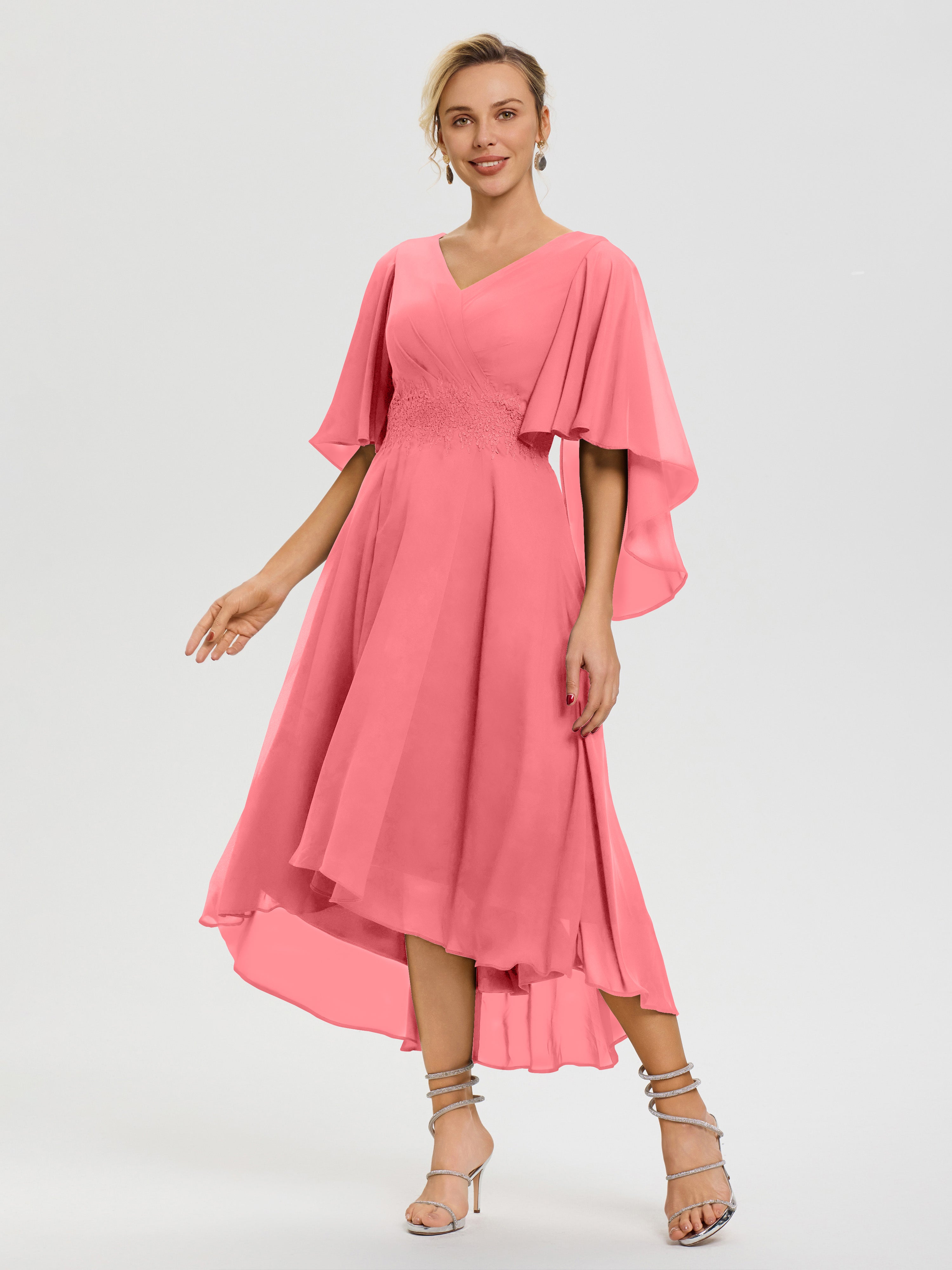 Robe Mère Mariée Pastèque Col V Mousseline & Dentelle Manches Asymétrique Robe Pour Mère De Mariée