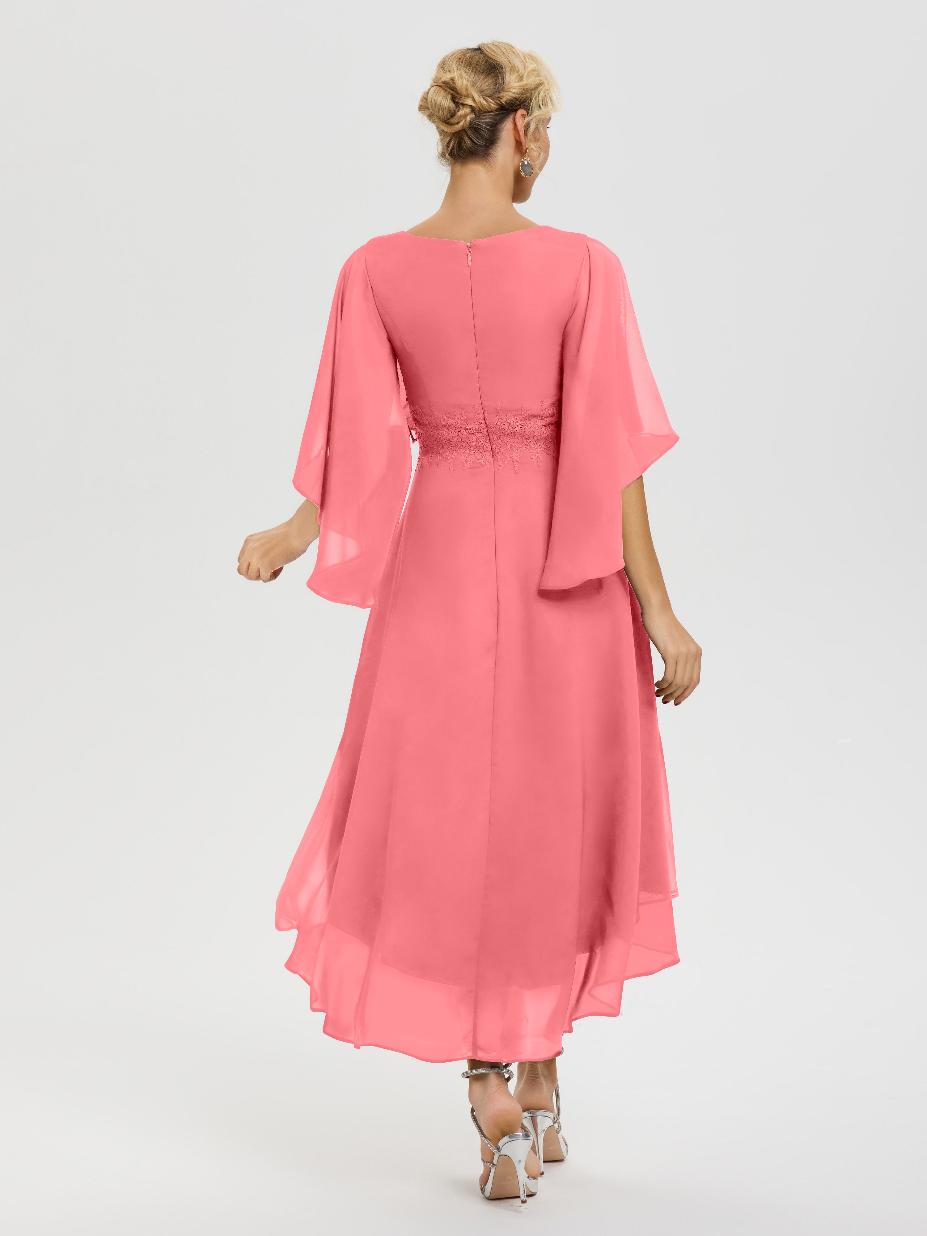 Robe Mère Mariée Pastèque Col V Mousseline & Dentelle Manches Asymétrique Robe Pour Mère De Mariée