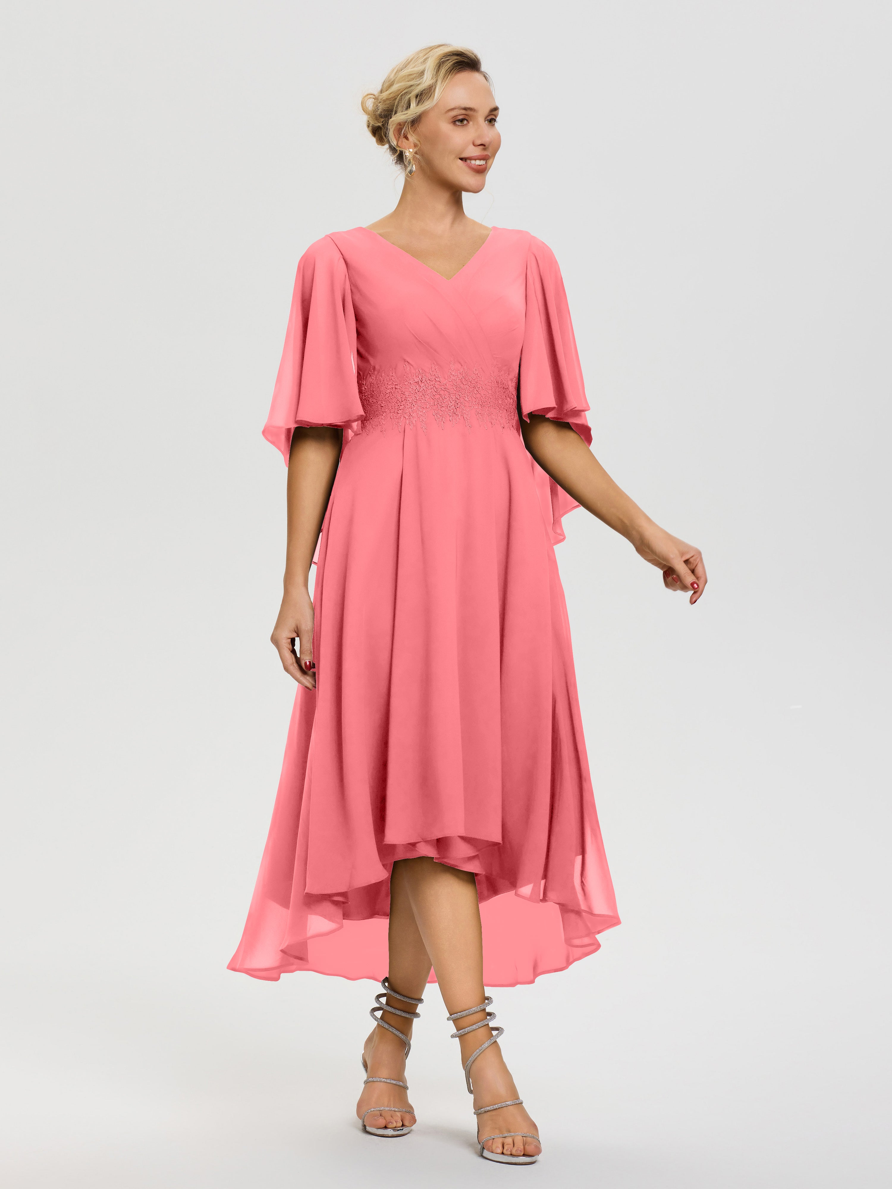 Robe Mère Mariée Pastèque Col V Mousseline & Dentelle Manches Asymétrique Robe Pour Mère De Mariée