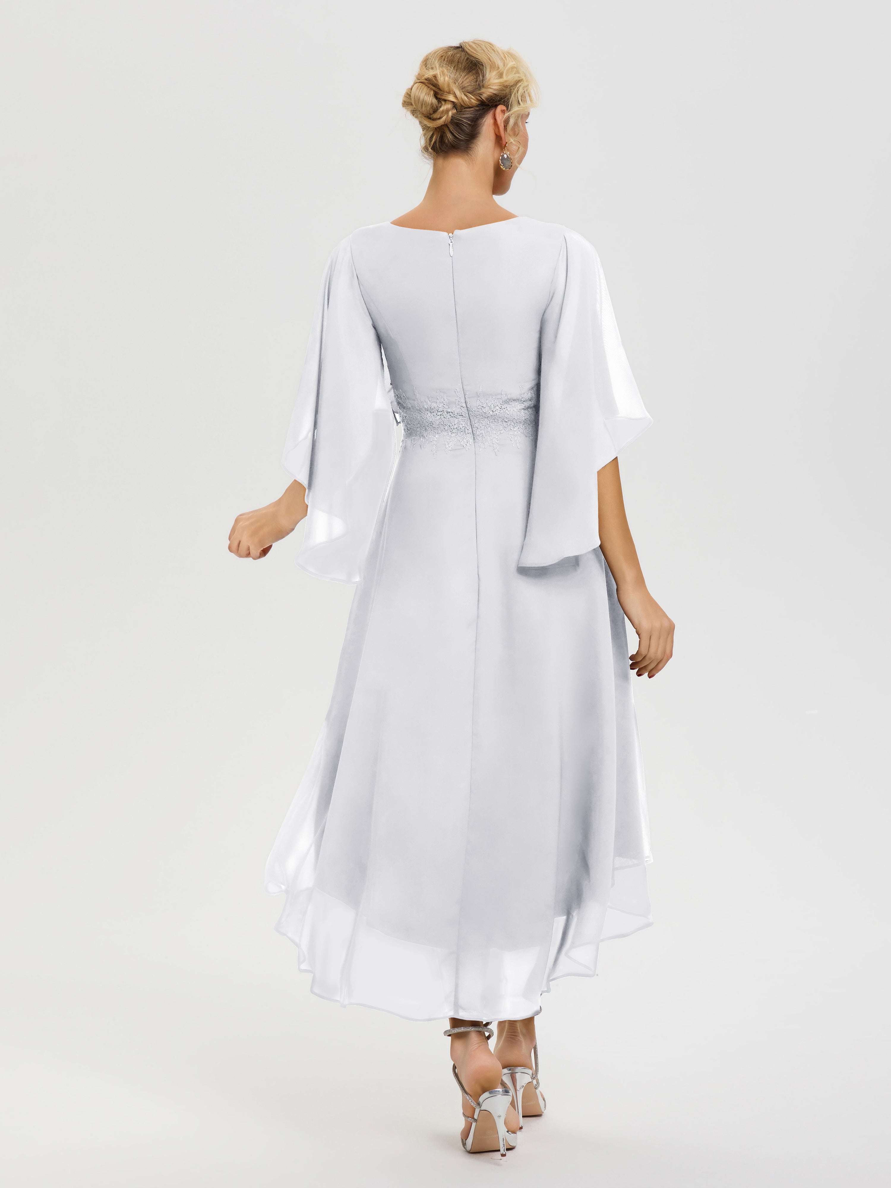 Tenue Mere Dela Mariee Blanc Col V Mousseline & Dentelle Manches Asymétrique Robe Pour Mère De Mariée