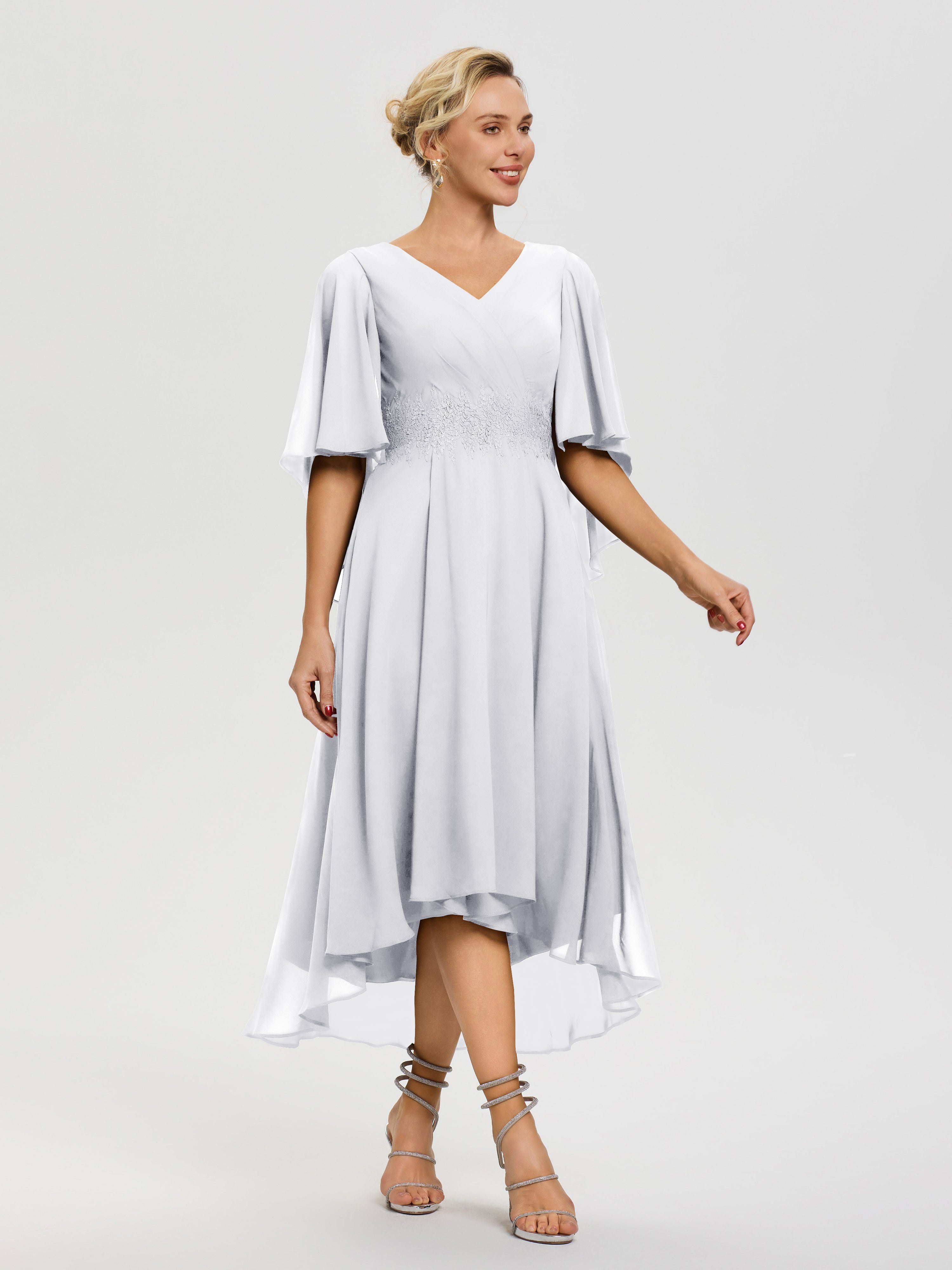 Tenue Mere Dela Mariee Blanc Col V Mousseline & Dentelle Manches Asymétrique Robe Pour Mère De Mariée