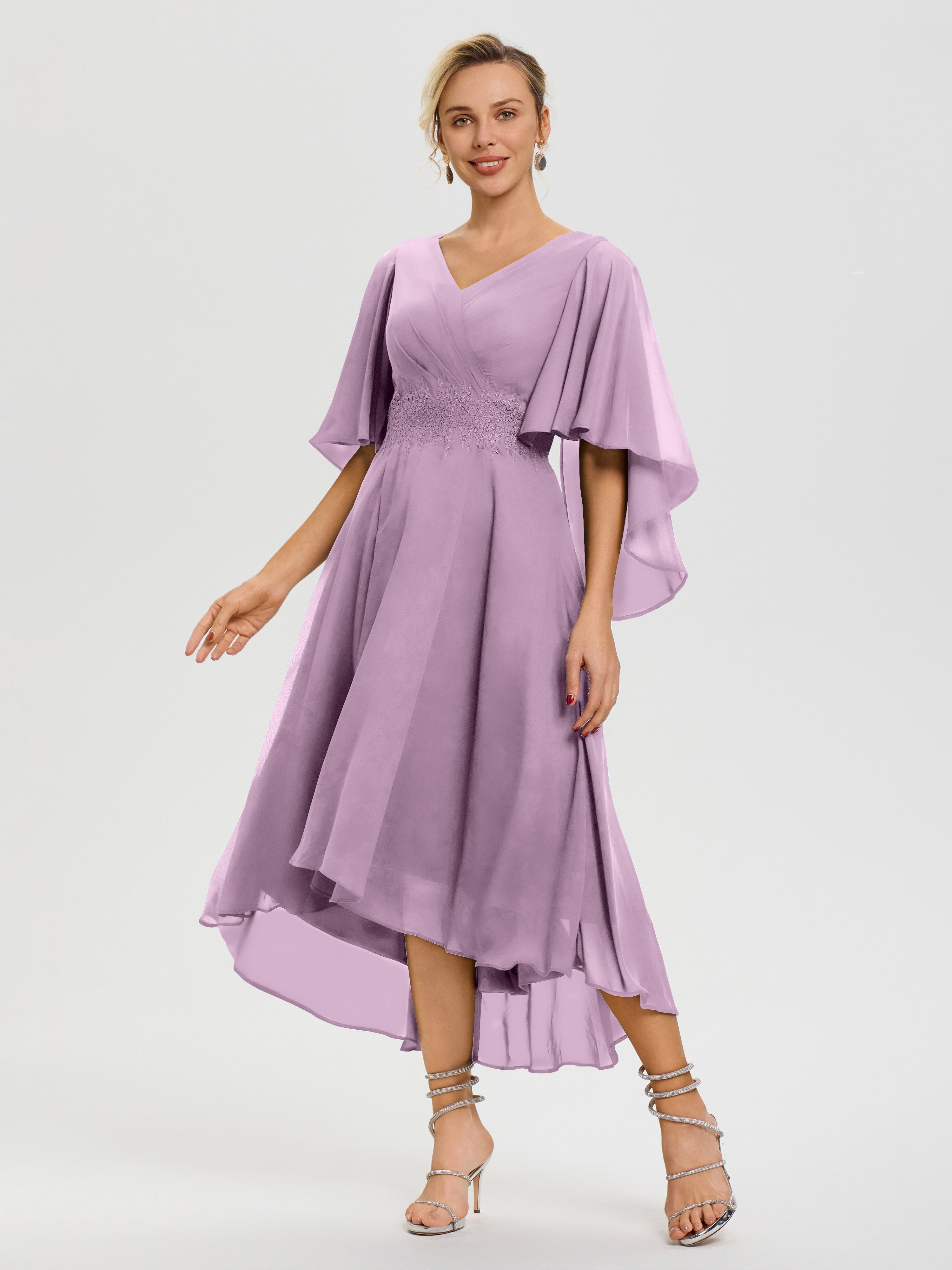 Tenue Mere Dela Mariee Glycine Col V Mousseline & Dentelle Manches Asymétrique Robe Pour Mère De Mariée