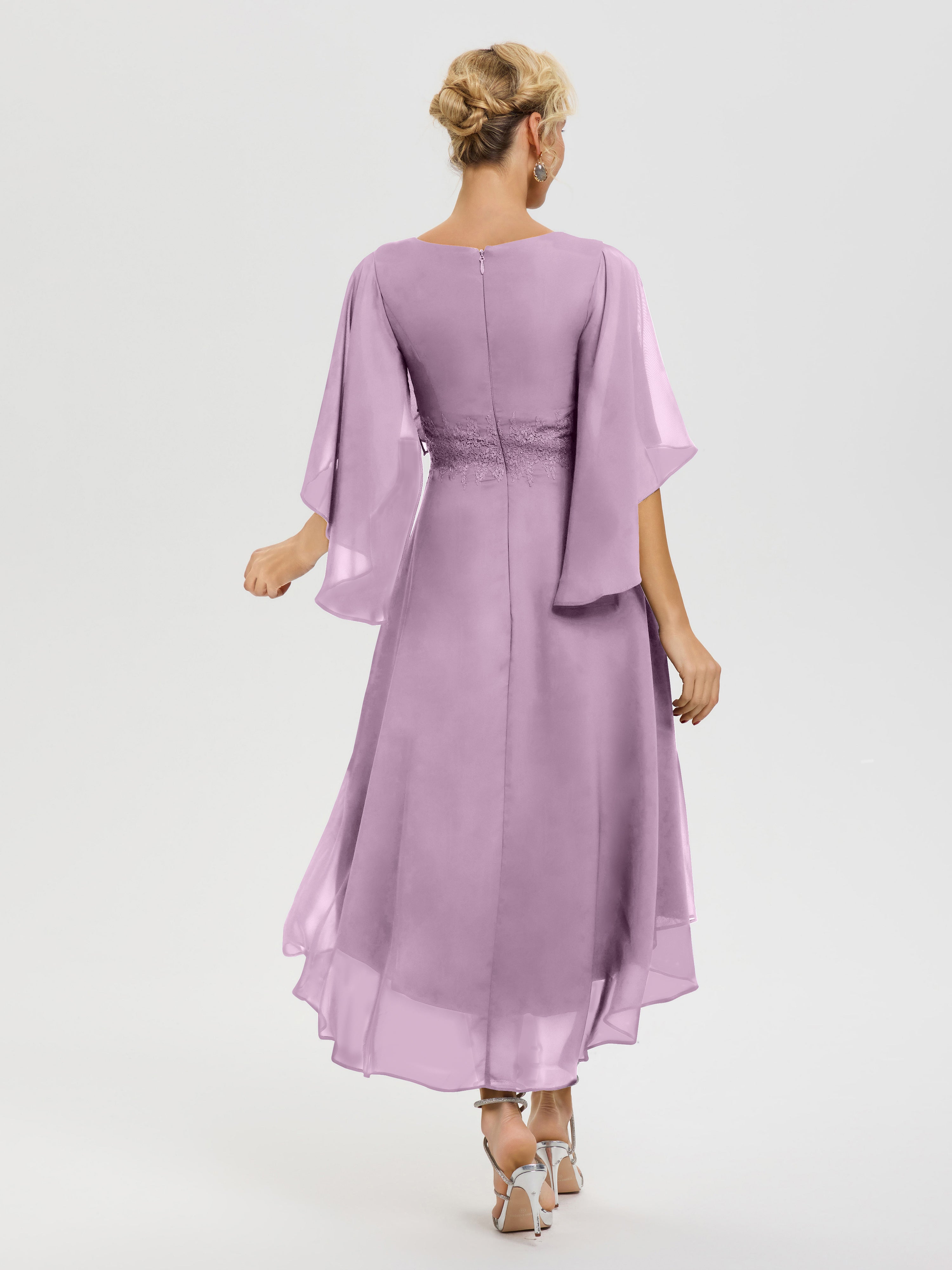 Tenue Mere Dela Mariee Glycine Col V Mousseline & Dentelle Manches Asymétrique Robe Pour Mère De Mariée