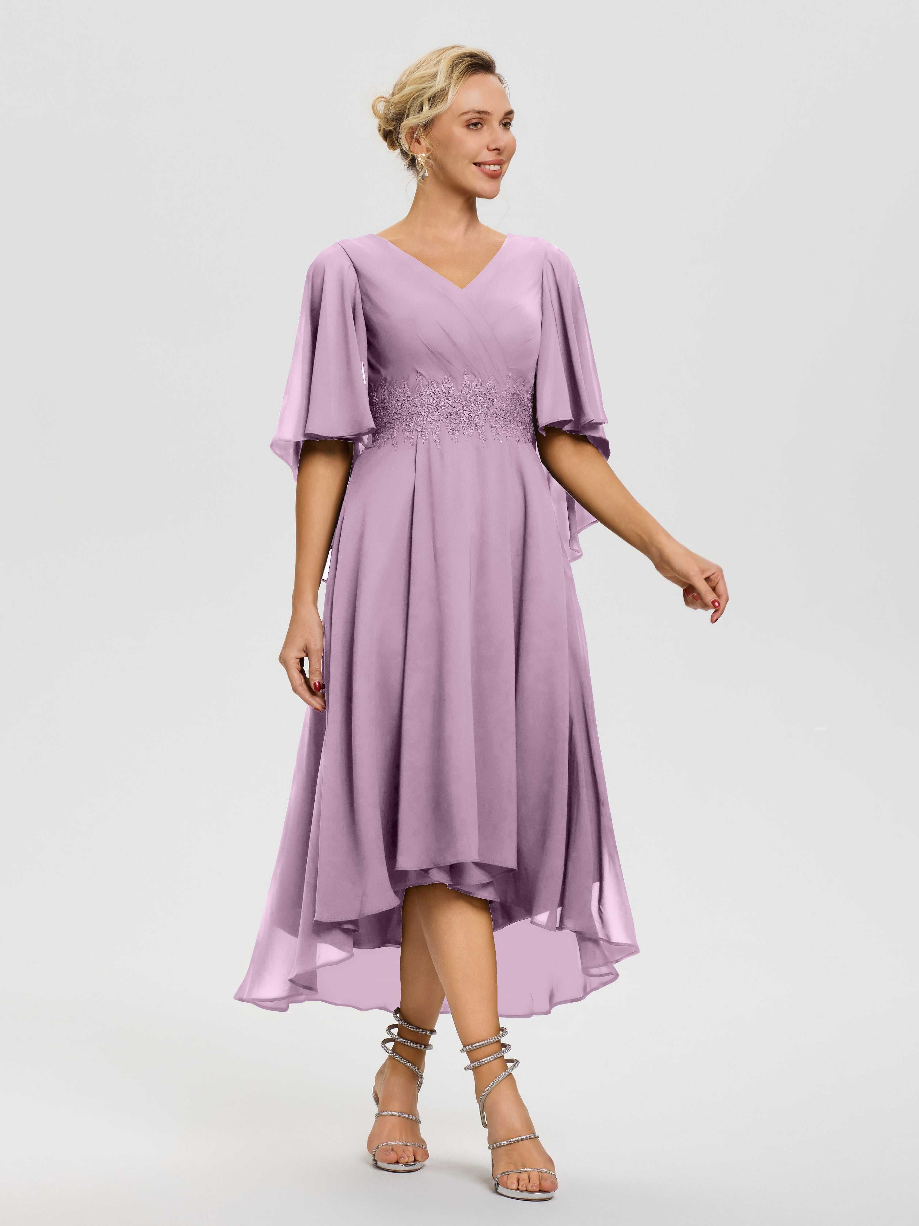 Tenue Mere Dela Mariee Glycine Col V Mousseline & Dentelle Manches Asymétrique Robe Pour Mère De Mariée