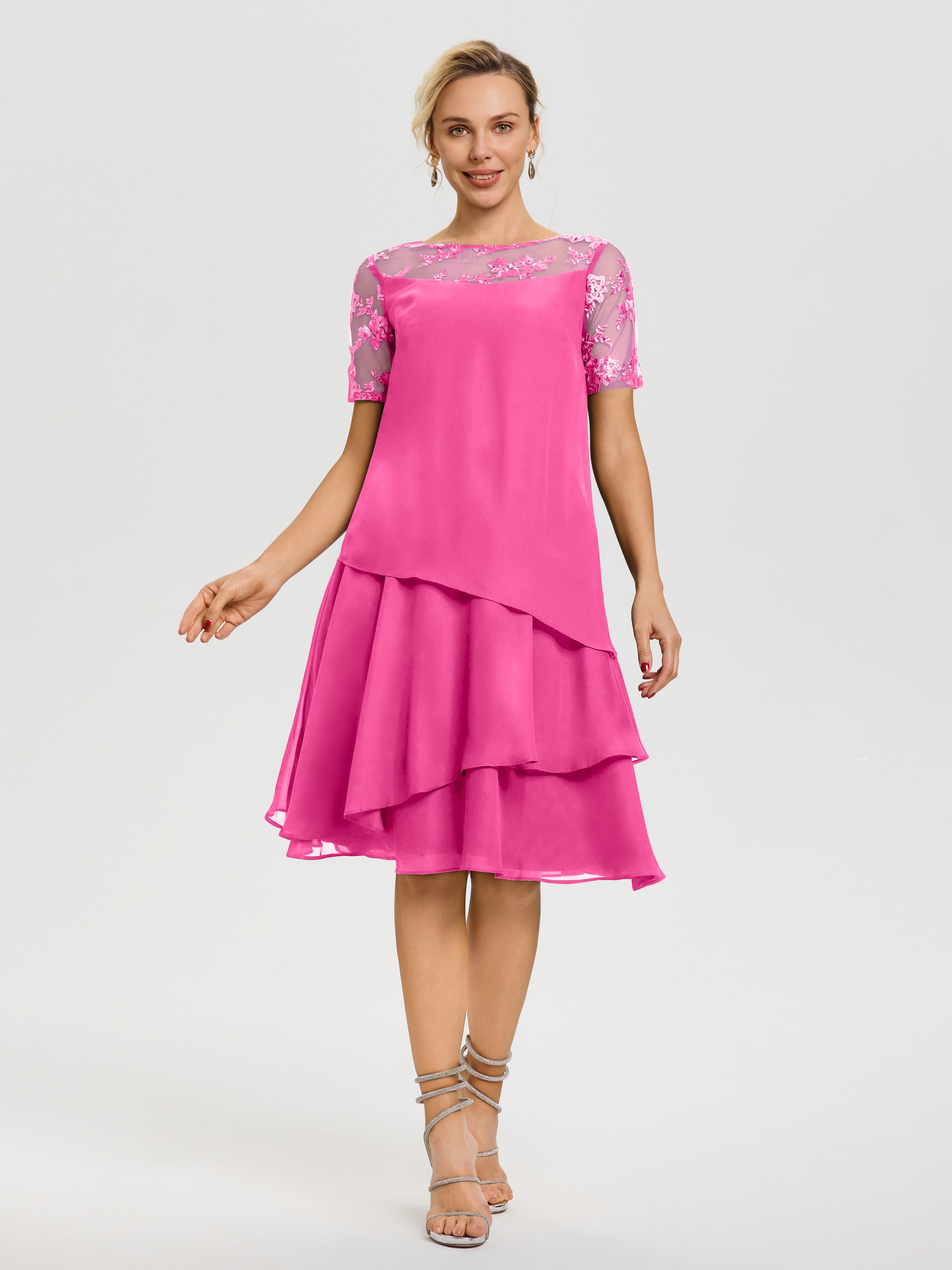 Robe Mère De La Mariee Azalee Col-Rond-Mancherons-Mousseline-Dentelle-Robe-De-Ceremonie-Mere-Du-Marie