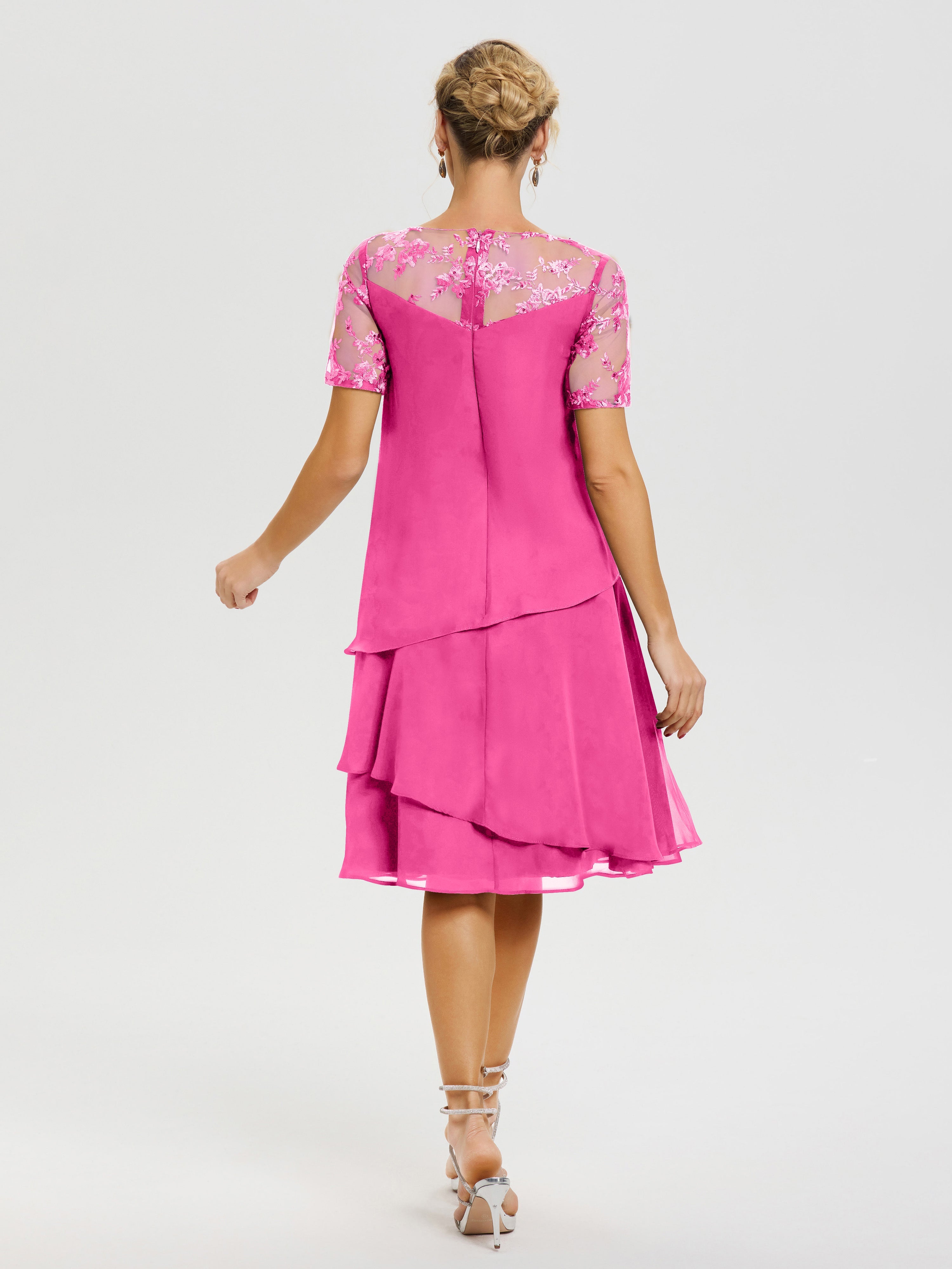 Robe Mère De La Mariee Azalee Col-Rond-Mancherons-Mousseline-Dentelle-Robe-De-Ceremonie-Mere-Du-Marie