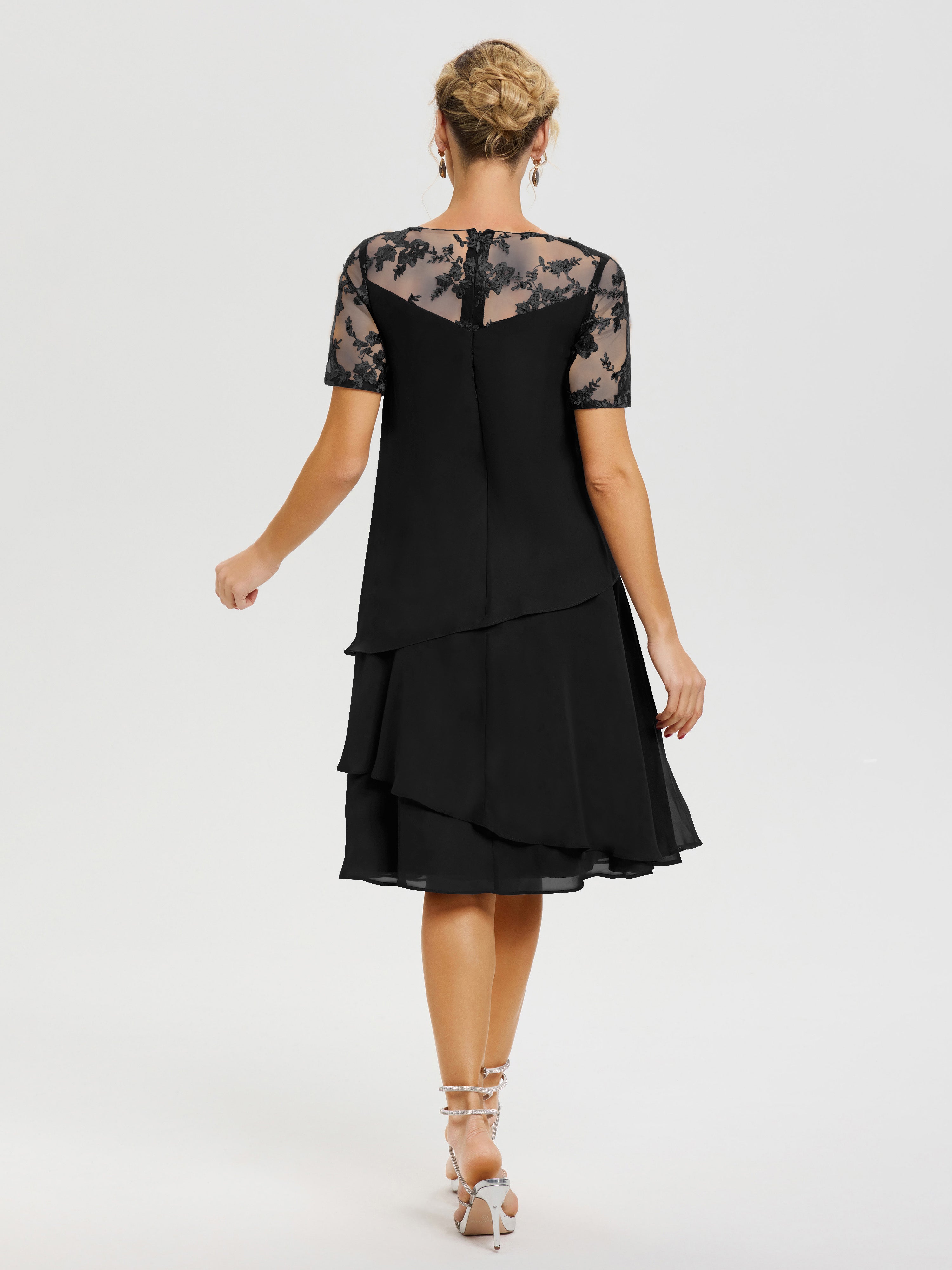 Robe De La Mère Du Marié Noir Col Rond Mancherons Mousseline & Dentelle Robe De Cérémonie Mère Du Marié