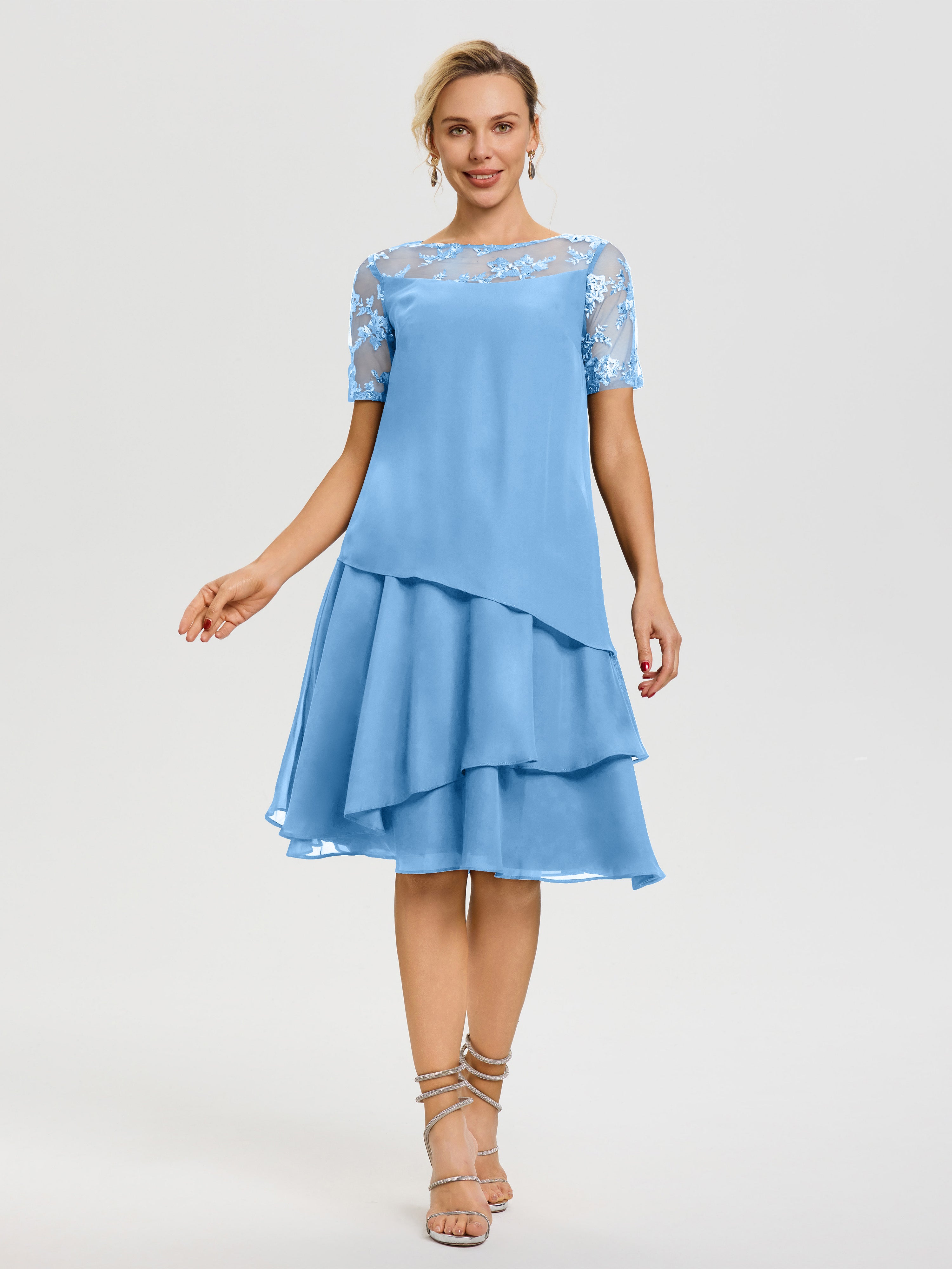 Robe Mère Mariée Bleu Col Rond Mancherons Mousseline & Dentelle Robe De Cérémonie Mère Du Marié