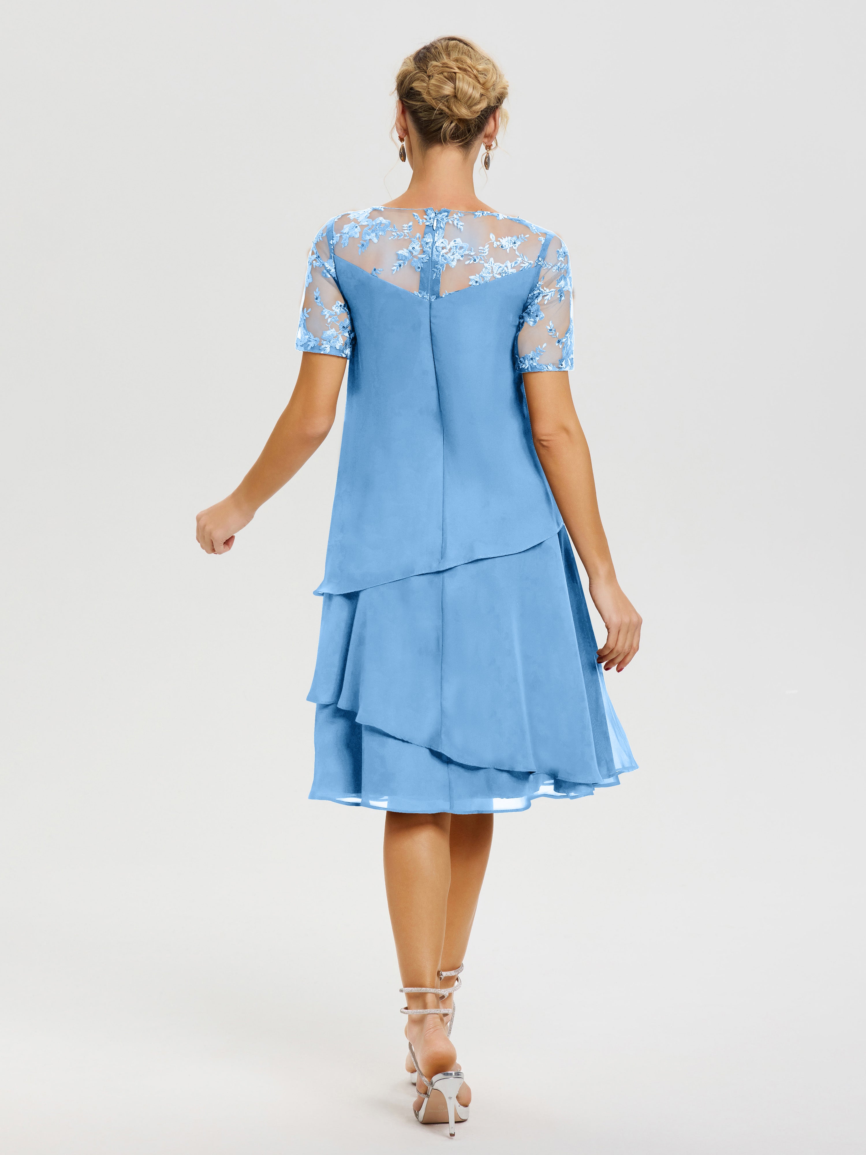 Robe Mère Mariée Bleu Col Rond Mancherons Mousseline & Dentelle Robe De Cérémonie Mère Du Marié