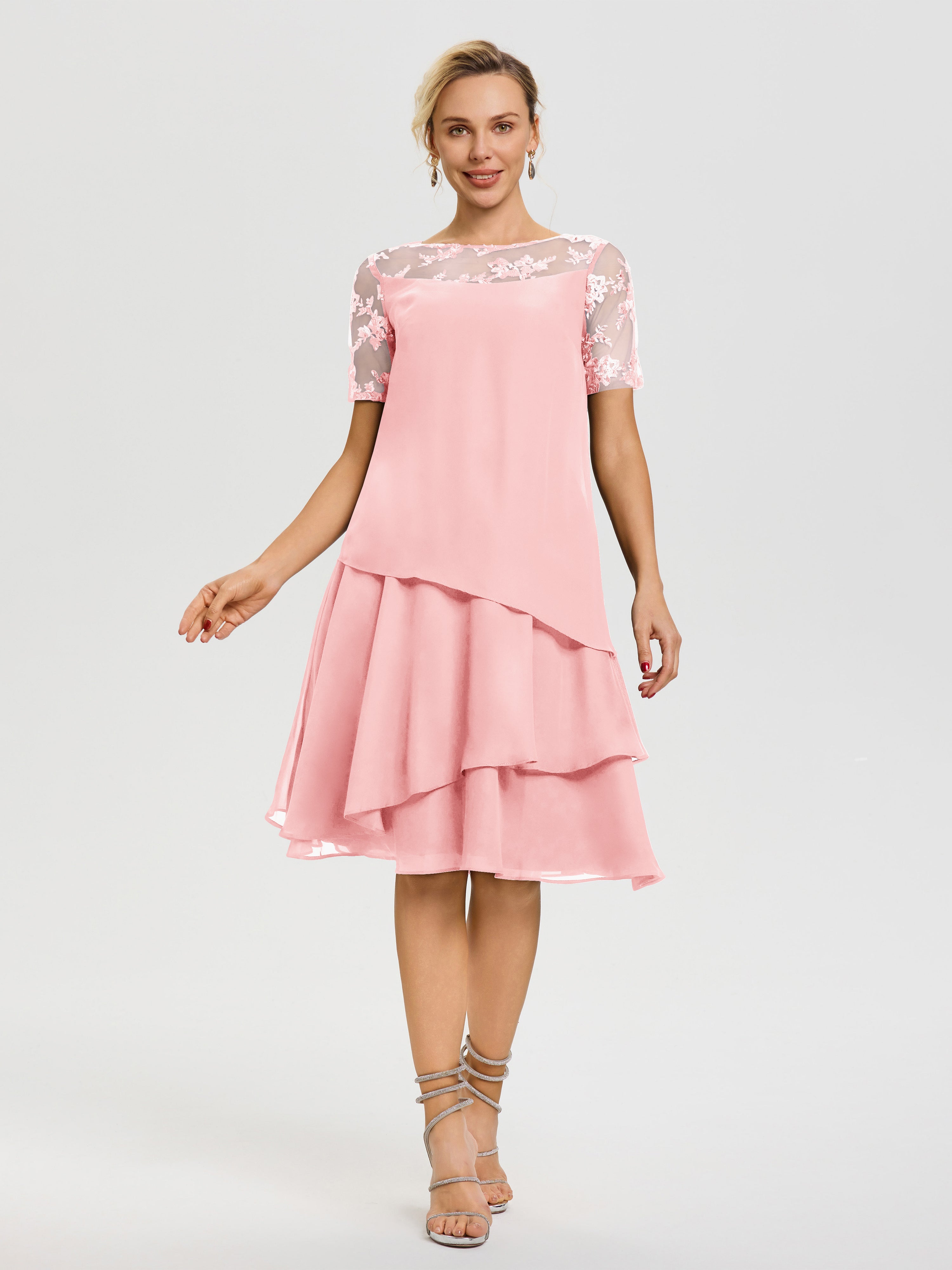 Robe Mere De La Mariee Rose Col Rond Mancherons Mousseline & Dentelle Robe De Cérémonie Mère Du Marié