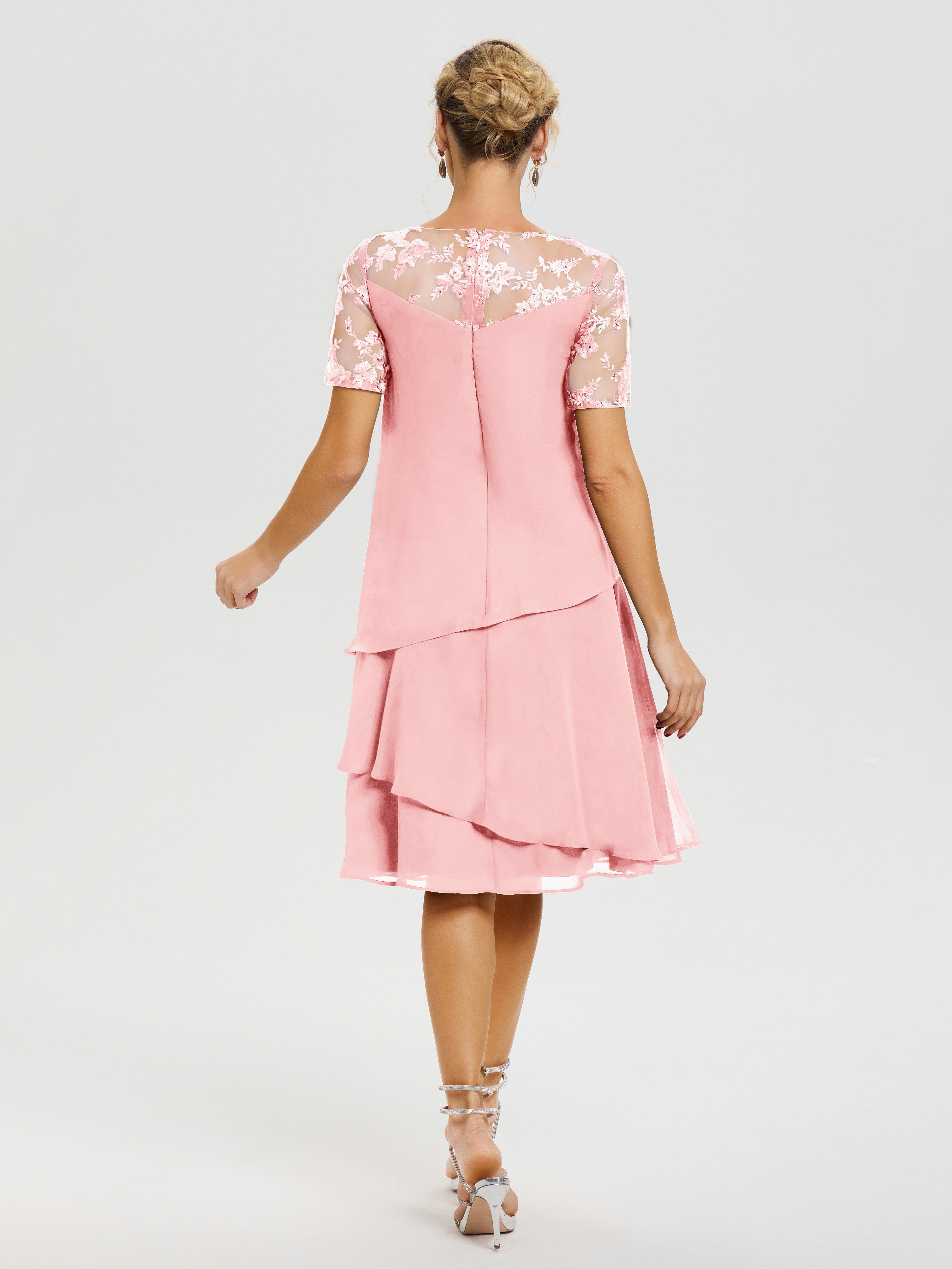 Robe Mere De La Mariee Rose Col Rond Mancherons Mousseline & Dentelle Robe De Cérémonie Mère Du Marié