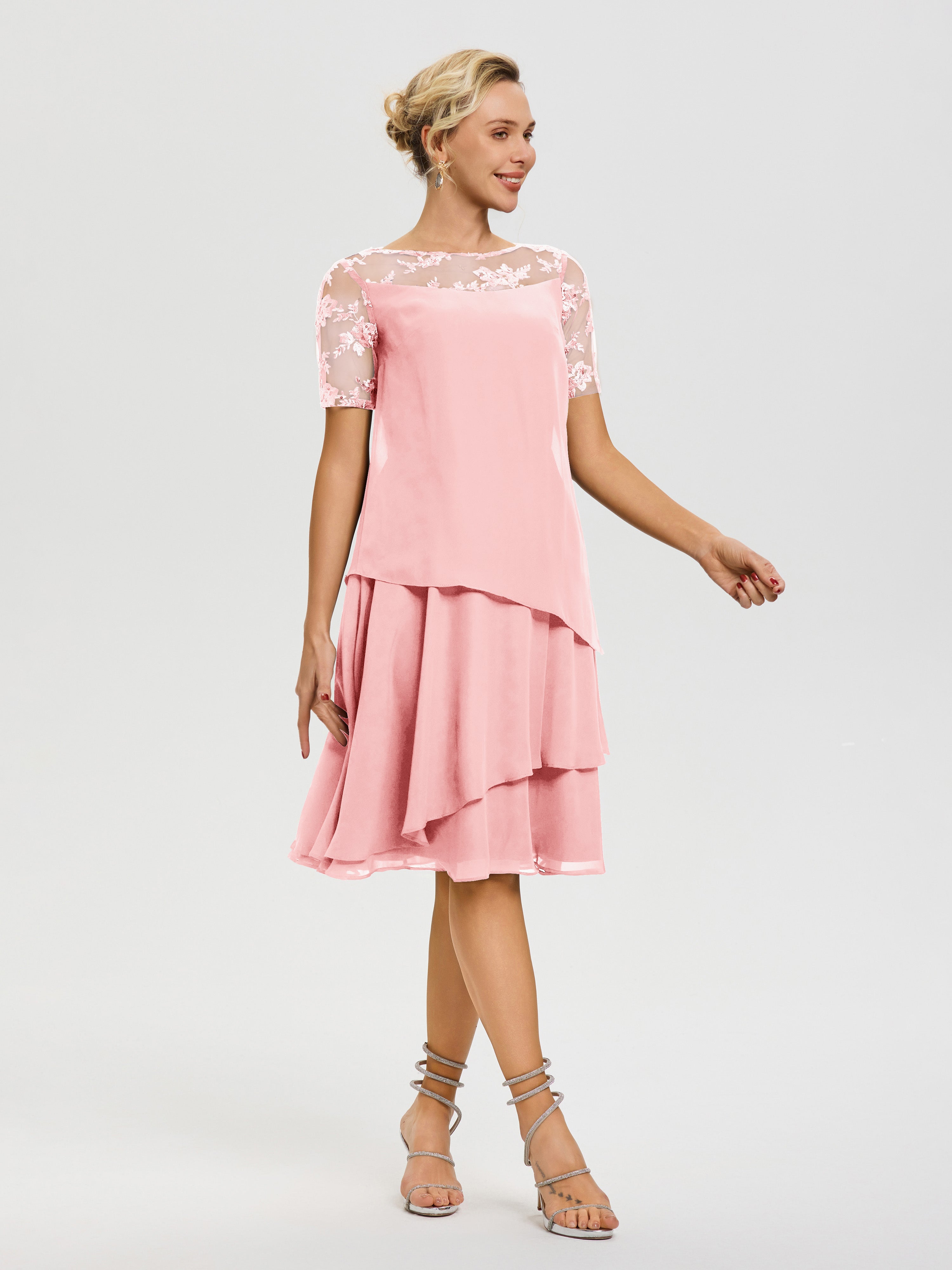 Robe Mere De La Mariee Rose Col Rond Mancherons Mousseline & Dentelle Robe De Cérémonie Mère Du Marié