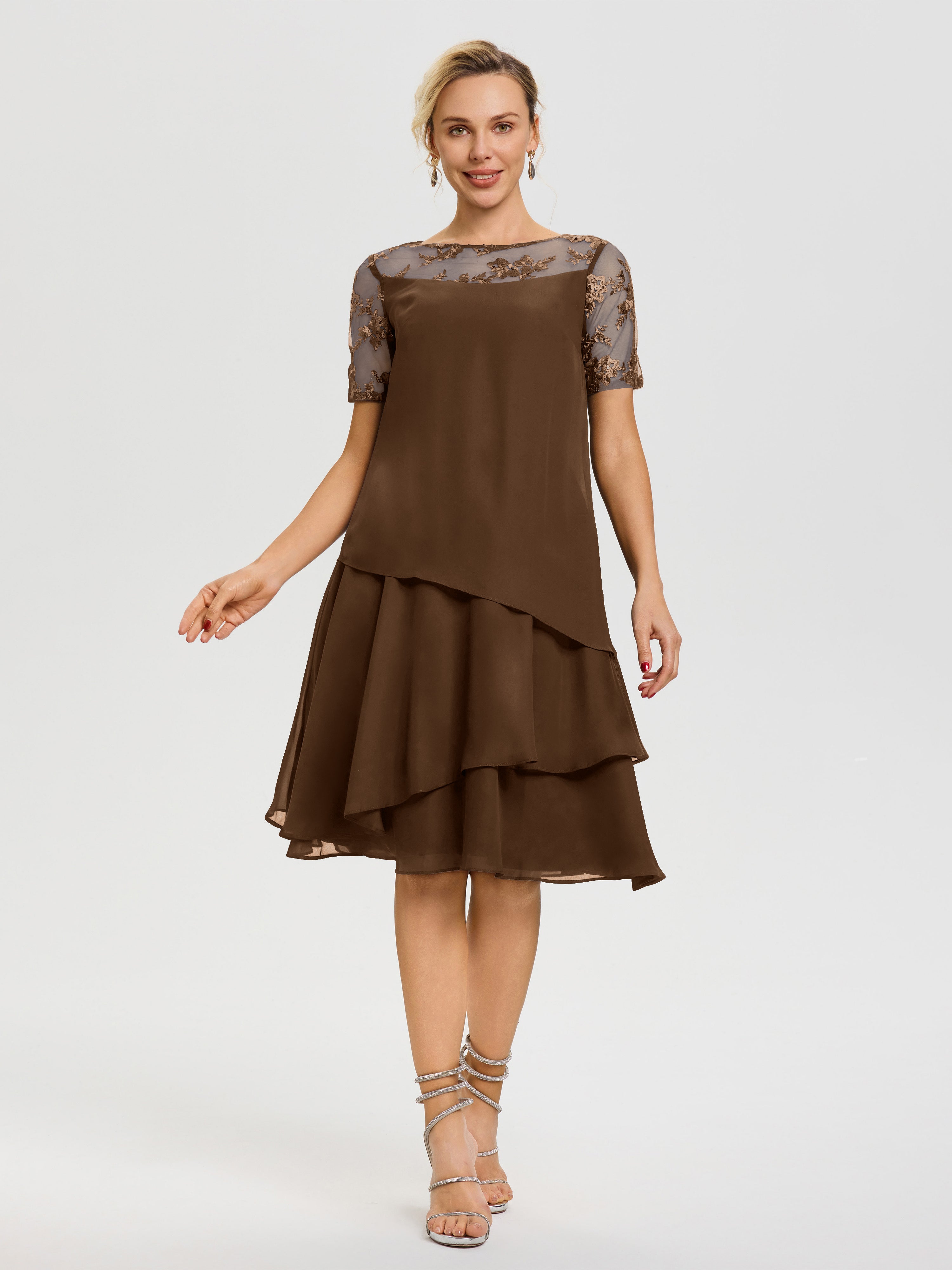 Robe Mère De La Mariee Brun Col-Rond-Mancherons-Mousseline-Dentelle-Robe-De-Ceremonie-Mere-Du-Marie