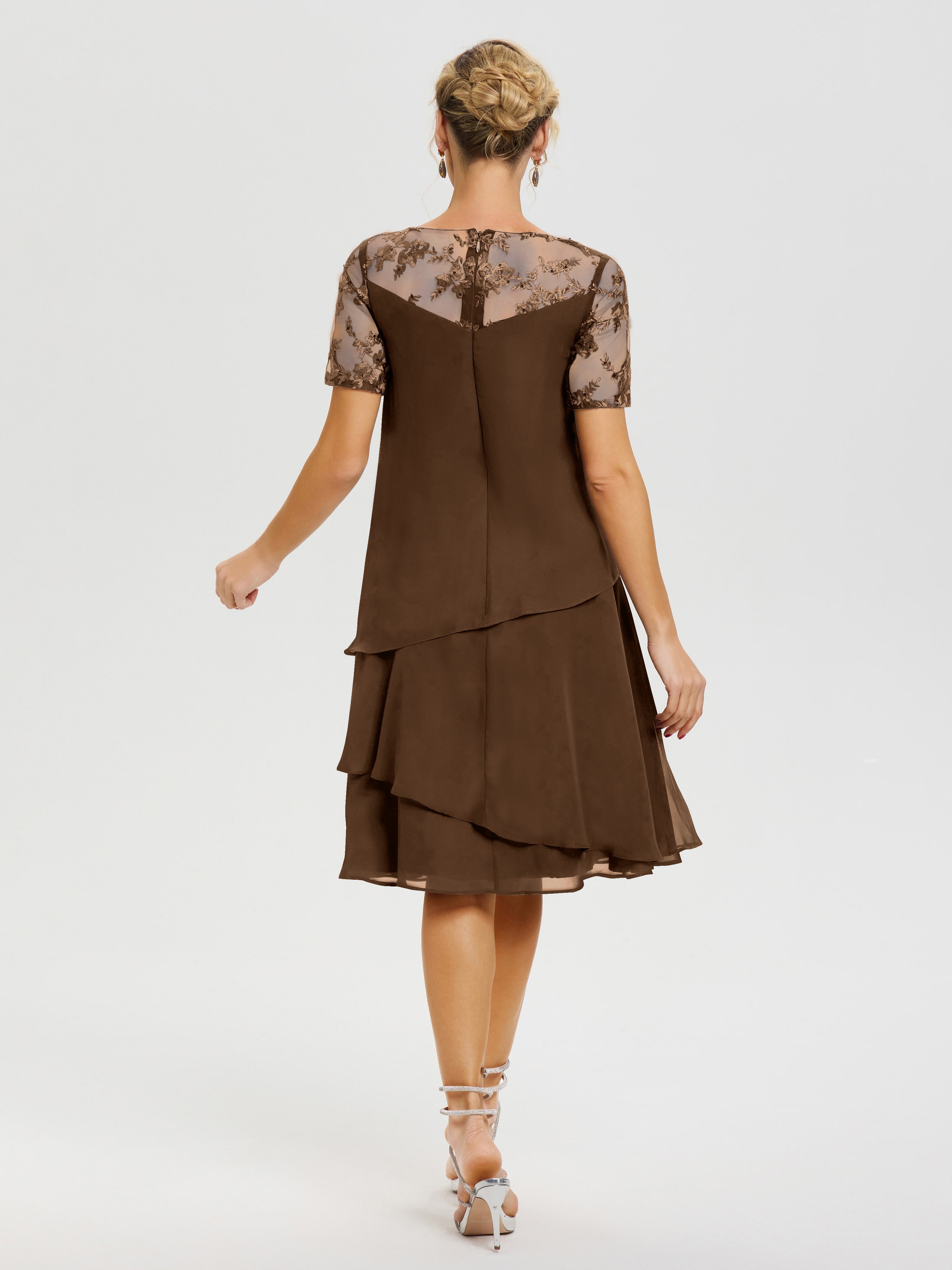 Robe Mère De La Mariee Brun Col-Rond-Mancherons-Mousseline-Dentelle-Robe-De-Ceremonie-Mere-Du-Marie