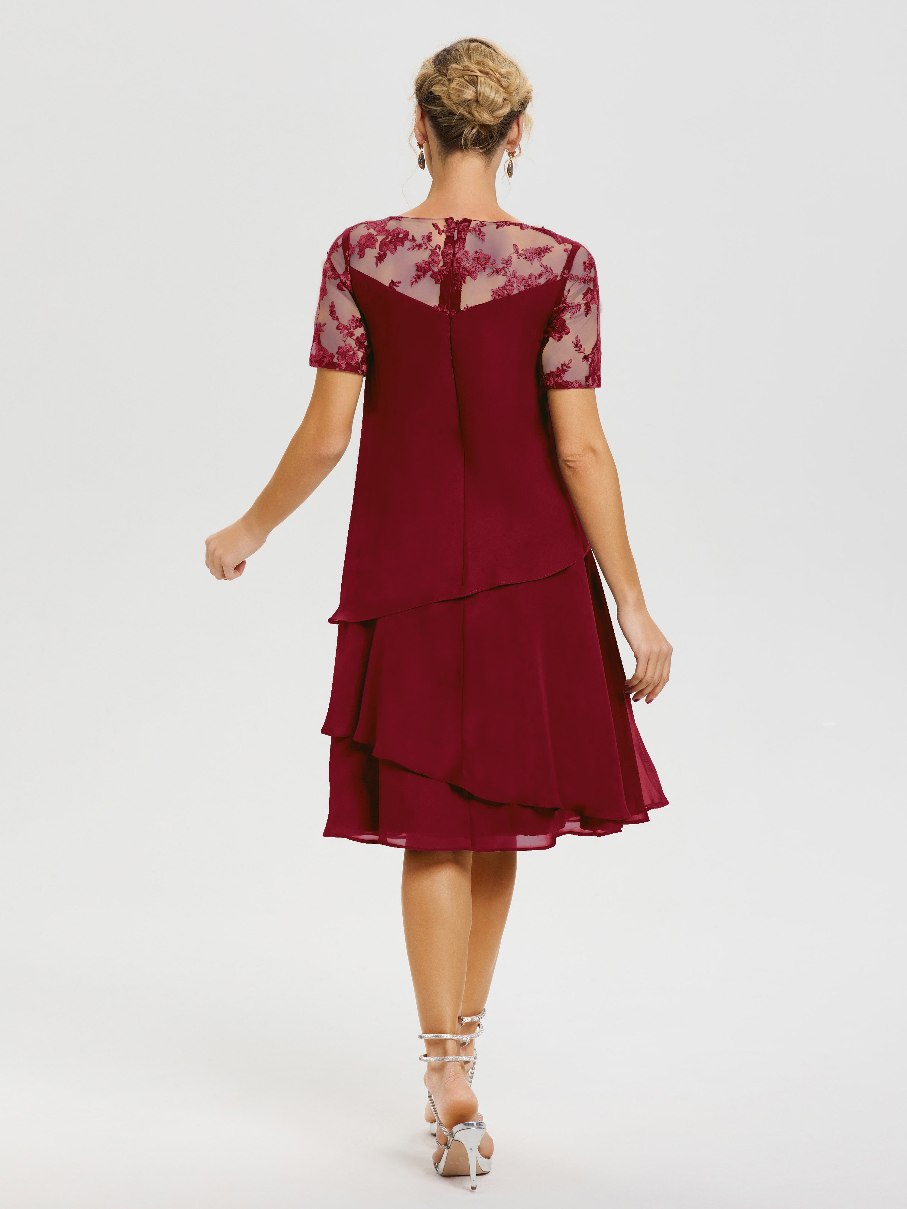 Robe Mère De La Mariée Bordeaux Col Rond Mancherons Mousseline & Dentelle Robe De Cérémonie Mère Du Marié