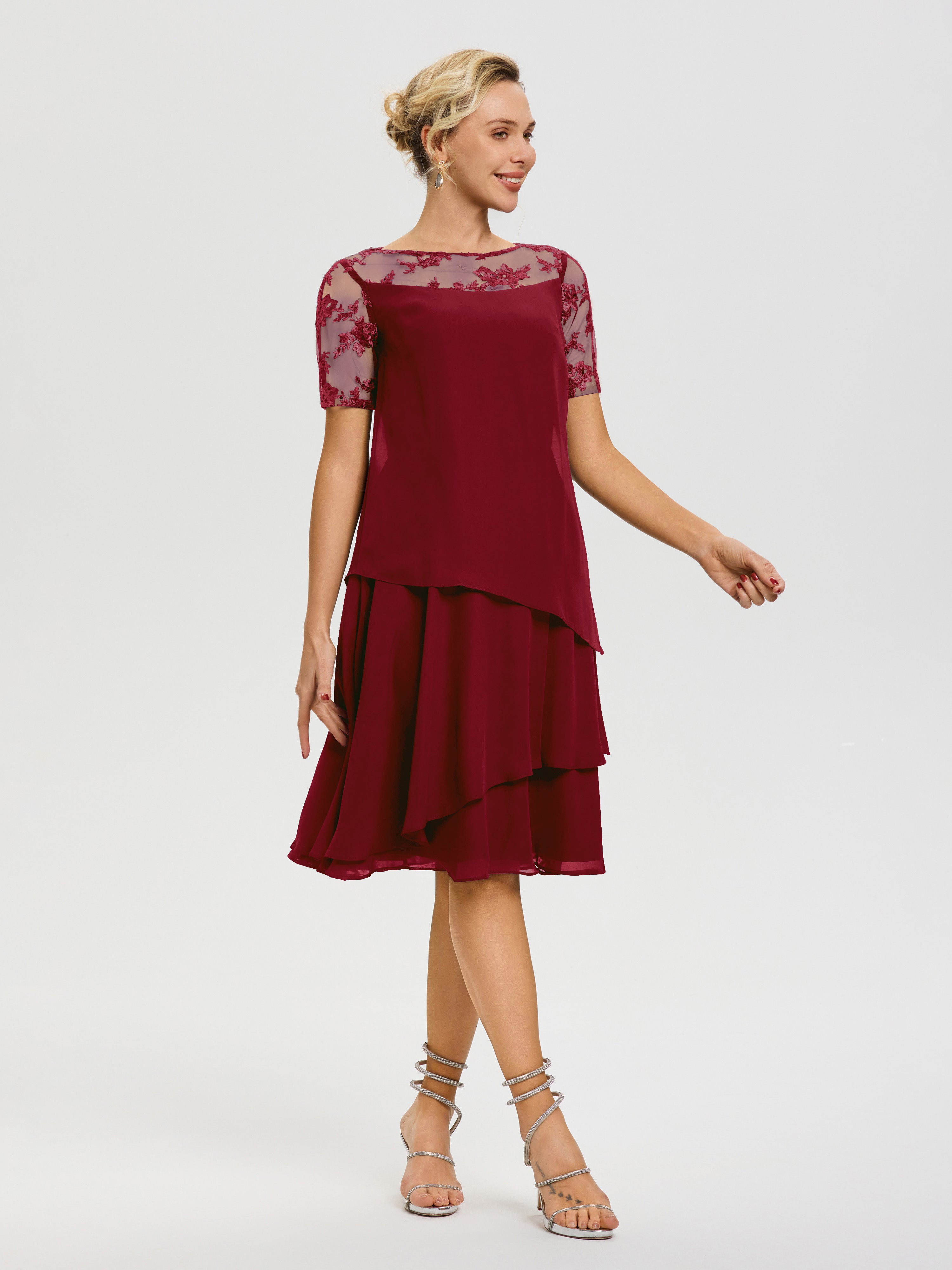 Robe Mère De La Mariée Bordeaux Col Rond Mancherons Mousseline & Dentelle Robe De Cérémonie Mère Du Marié