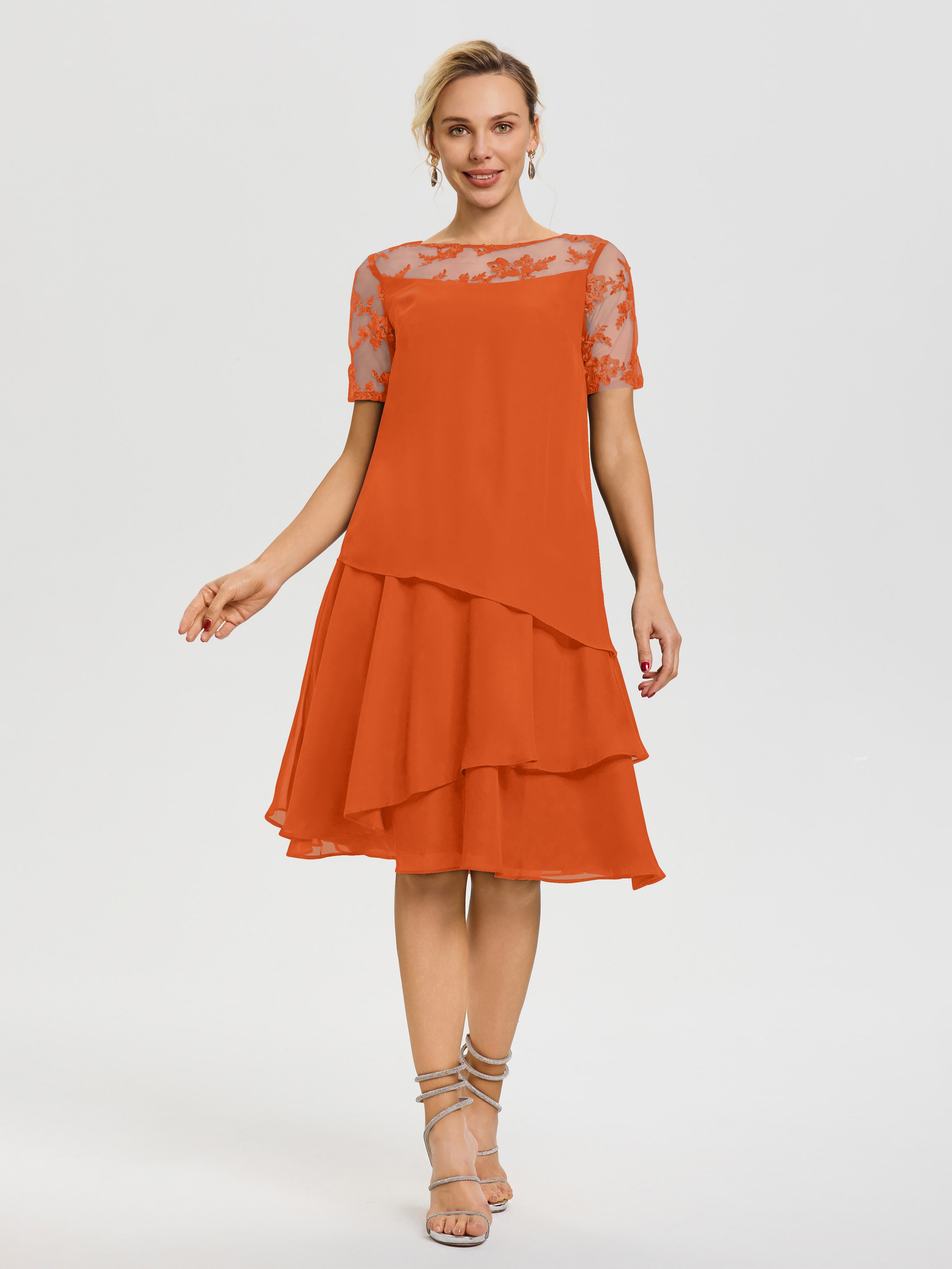 Robe Mère De La Mariee Orange Brule Col Rond Mancherons Mousseline & Dentelle Robe De Cérémonie Mère Du Marié