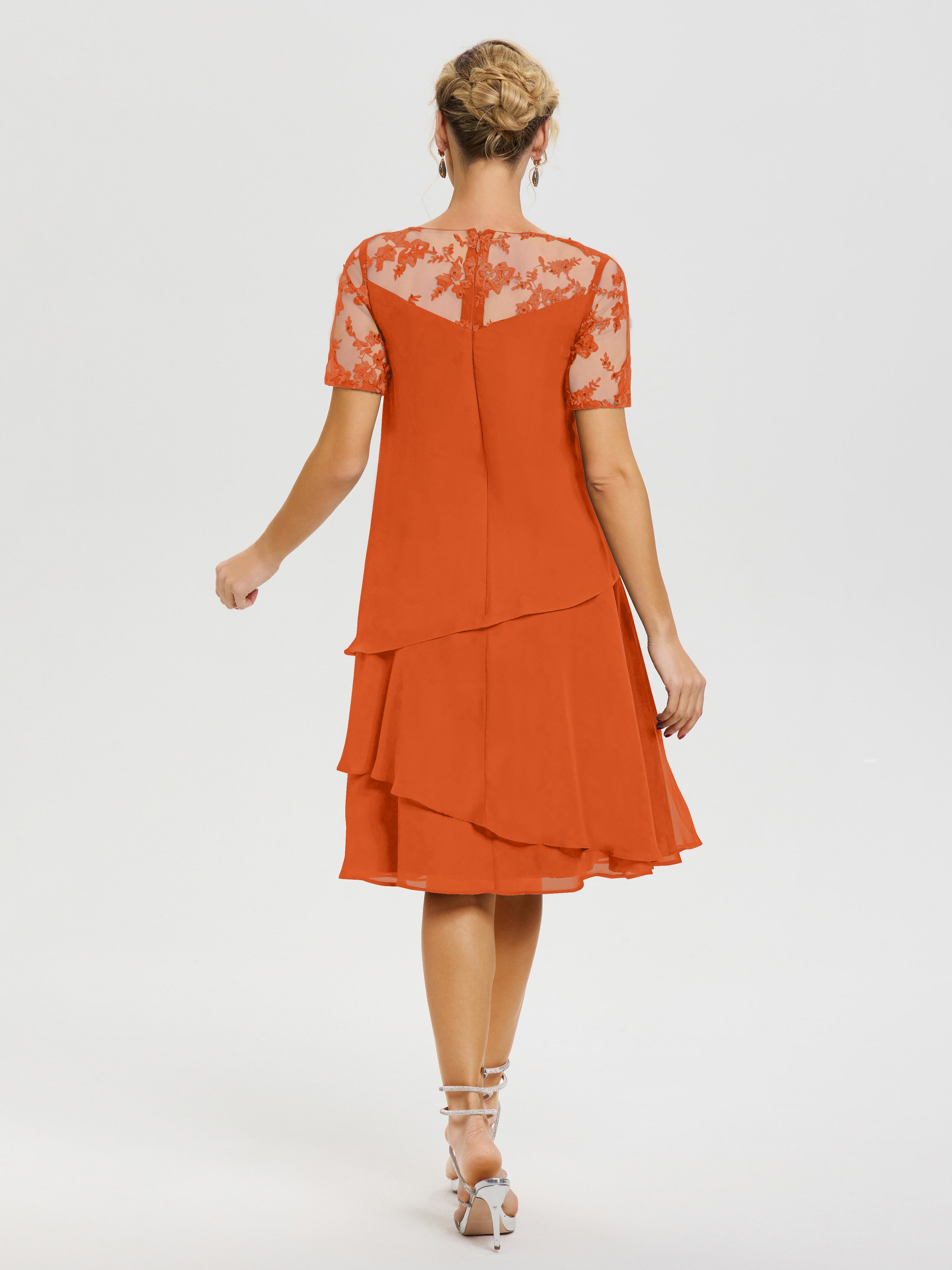 Robe Mère De La Mariee Orange Brule Col Rond Mancherons Mousseline & Dentelle Robe De Cérémonie Mère Du Marié