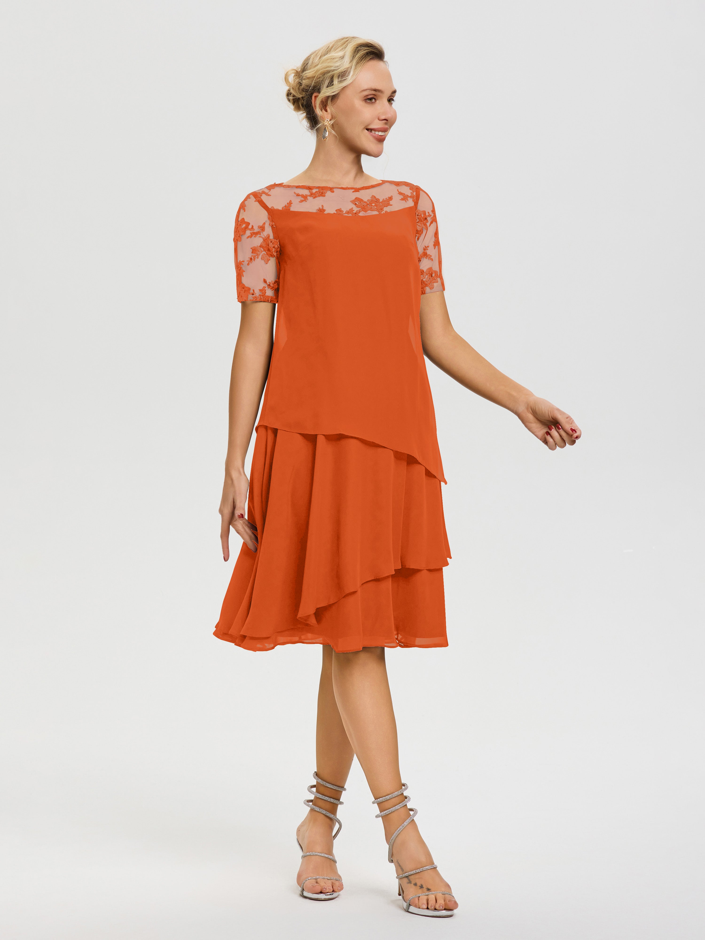 Robe Mère De La Mariee Orange Brule Col Rond Mancherons Mousseline & Dentelle Robe De Cérémonie Mère Du Marié