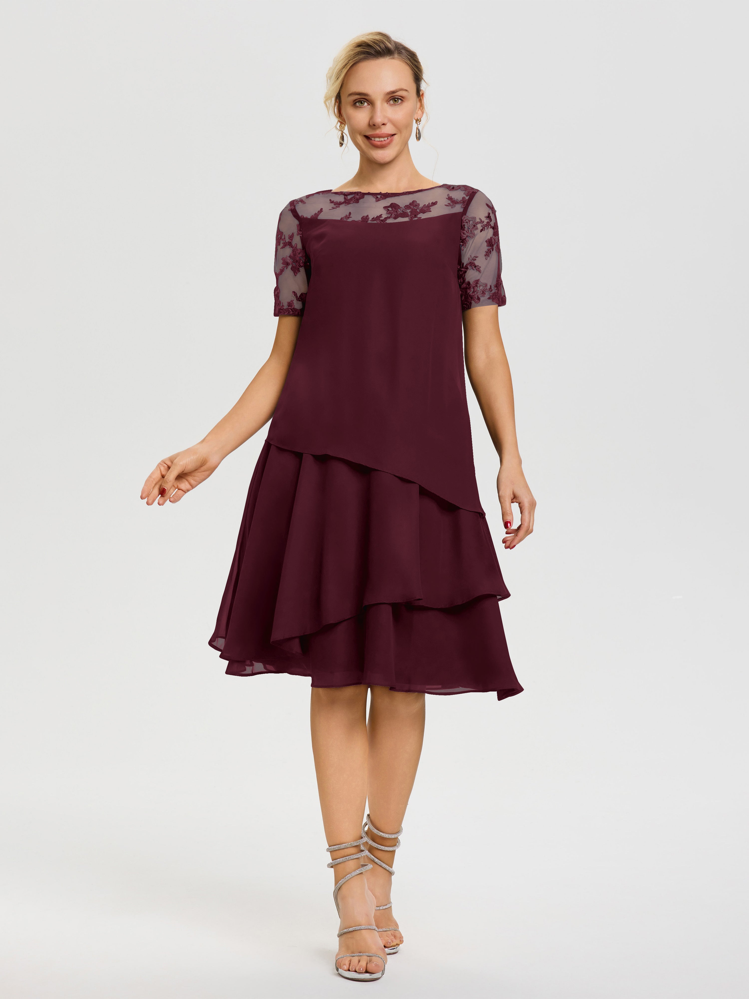 Robe Mère De La Mariee Cabernet Col-Rond-Mancherons-Mousseline-Dentelle-Robe-De-Ceremonie-Mere-Du-Marie