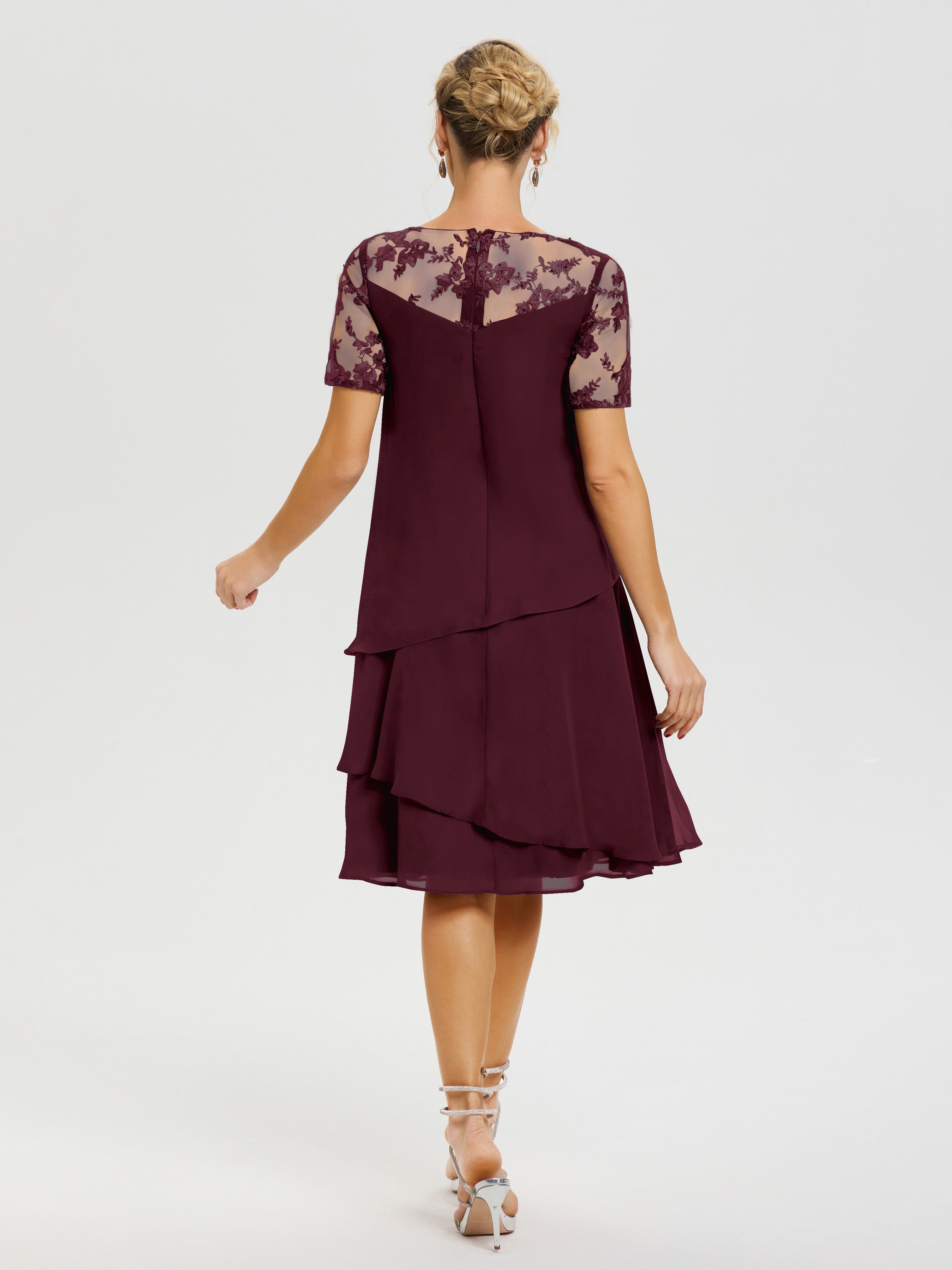 Robe Mère De La Mariee Cabernet Col-Rond-Mancherons-Mousseline-Dentelle-Robe-De-Ceremonie-Mere-Du-Marie