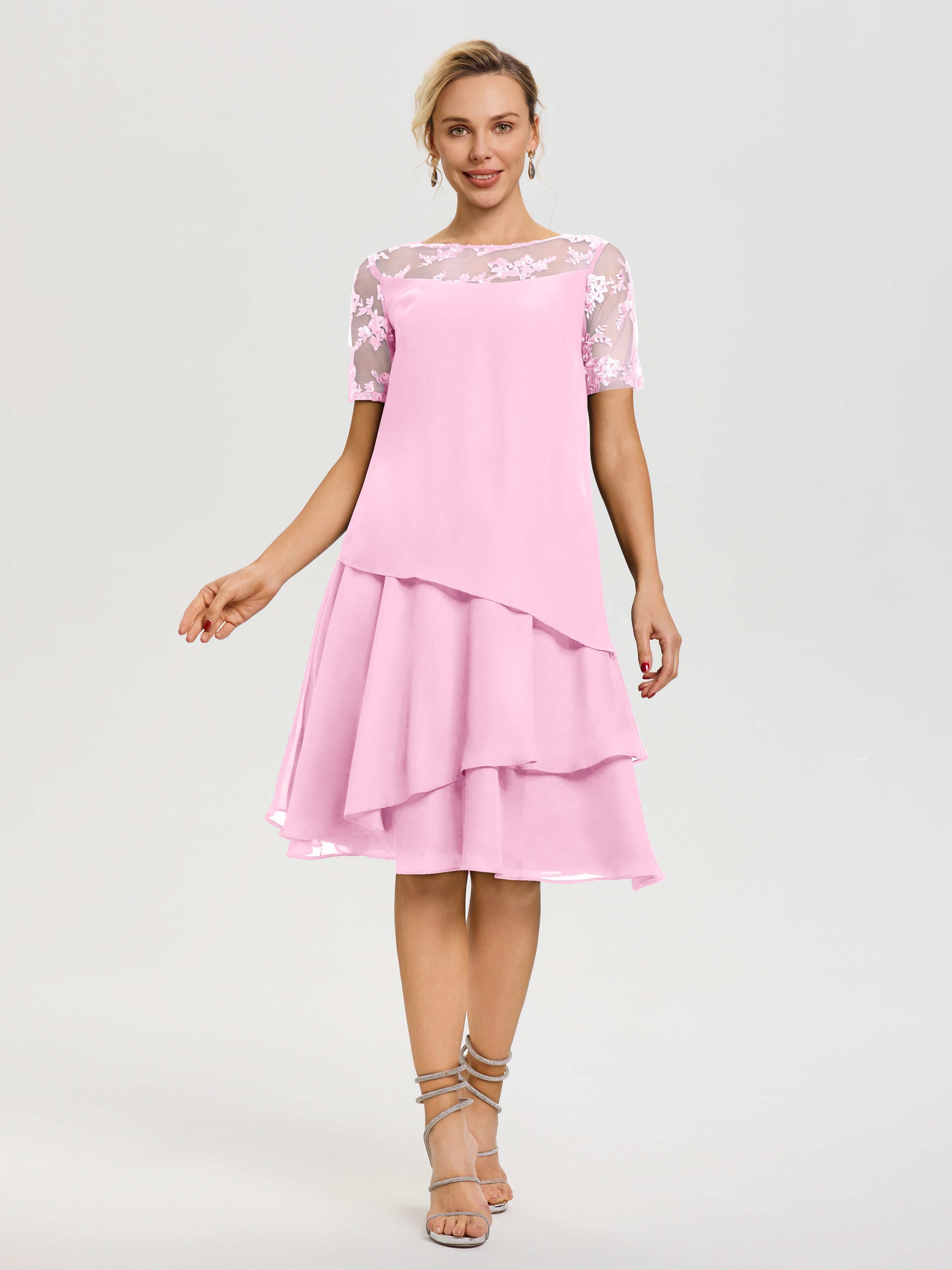 Robe De La Mère Du Marié Rose Bonbon Col Rond Mancherons Mousseline & Dentelle Robe De Cérémonie Mère Du Marié