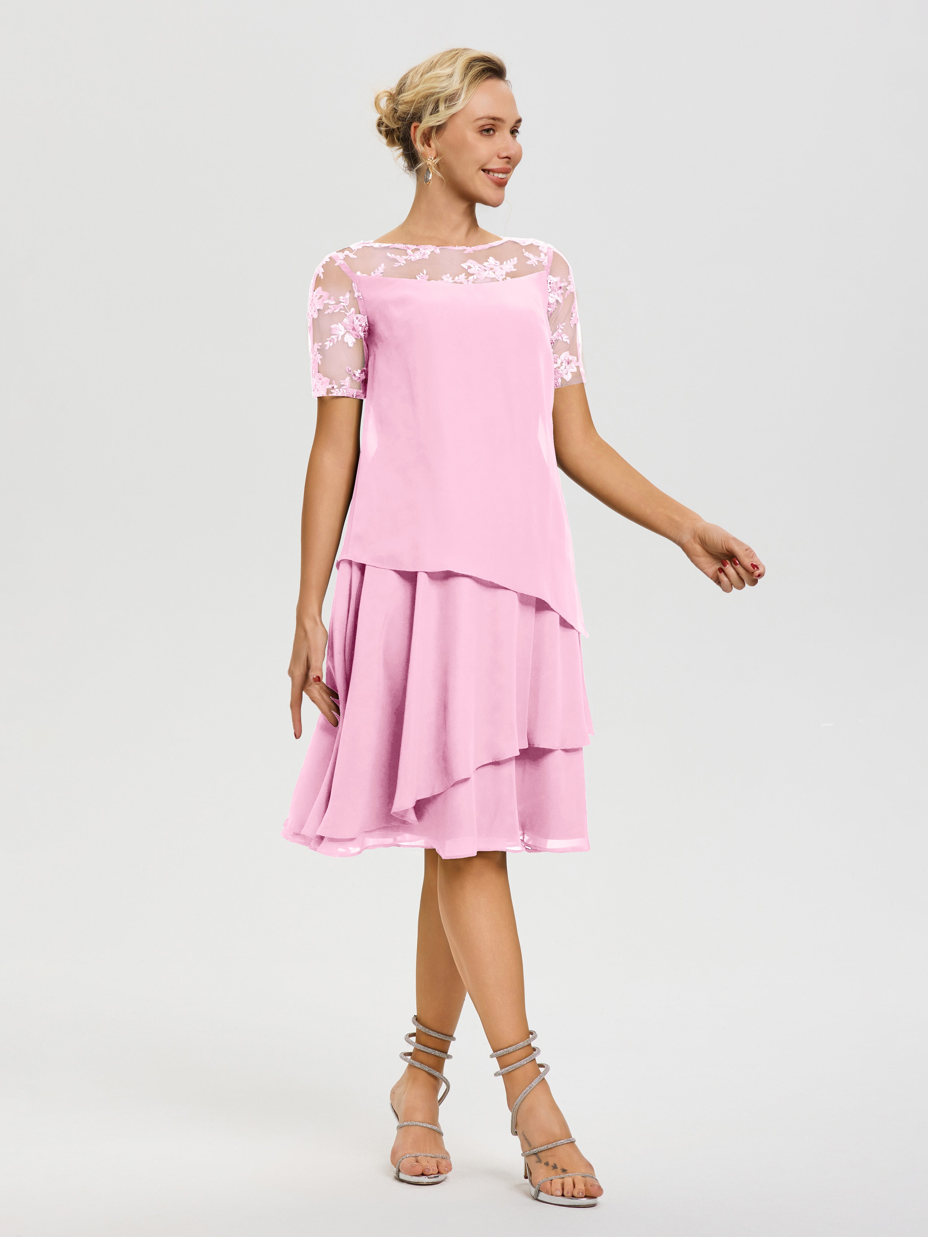 Robe De La Mère Du Marié Rose Bonbon Col Rond Mancherons Mousseline & Dentelle Robe De Cérémonie Mère Du Marié