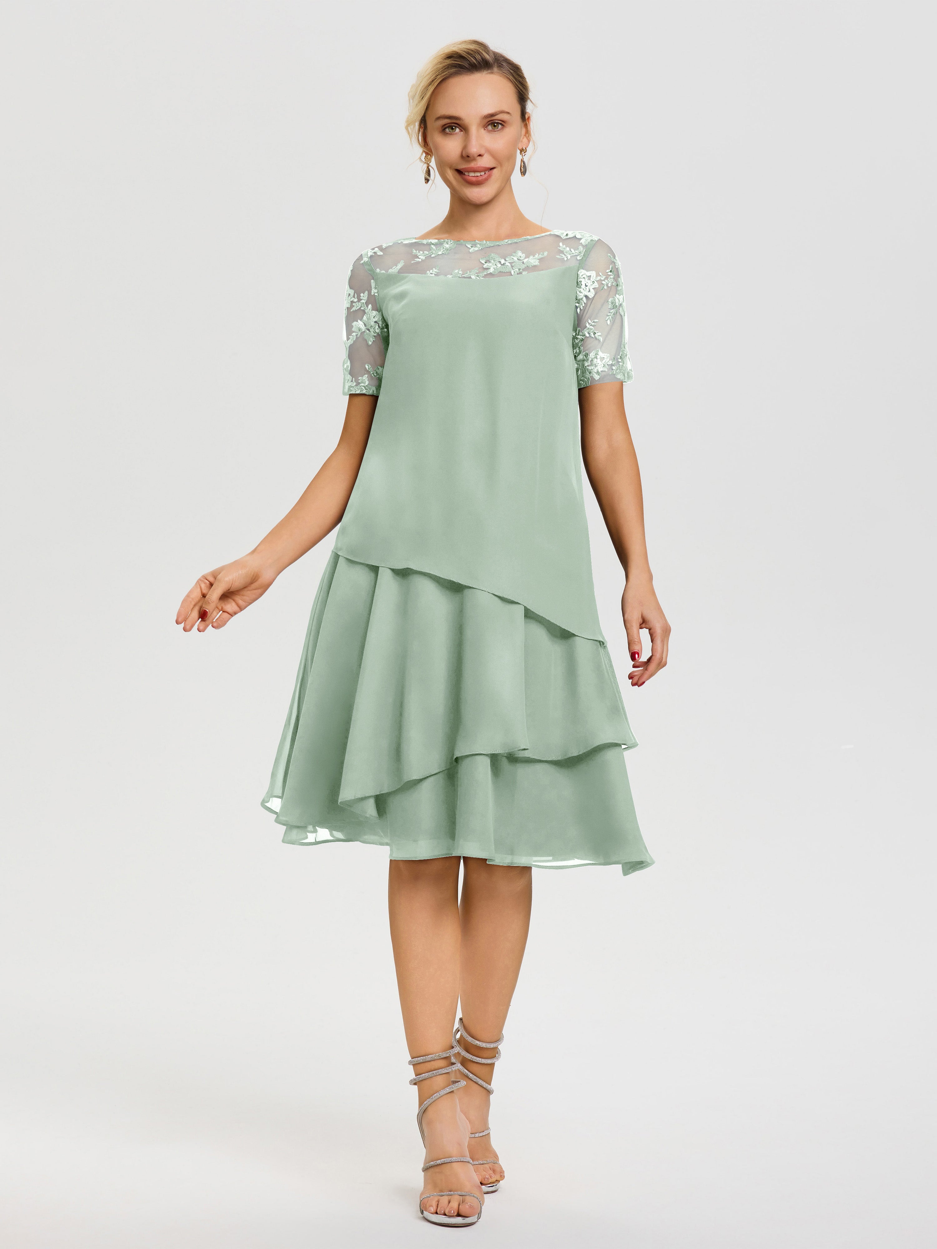 Robe Mère De La Mariee Celadon Col-Rond-Mancherons-Mousseline-Dentelle-Robe-De-Ceremonie-Mere-Du-Marie