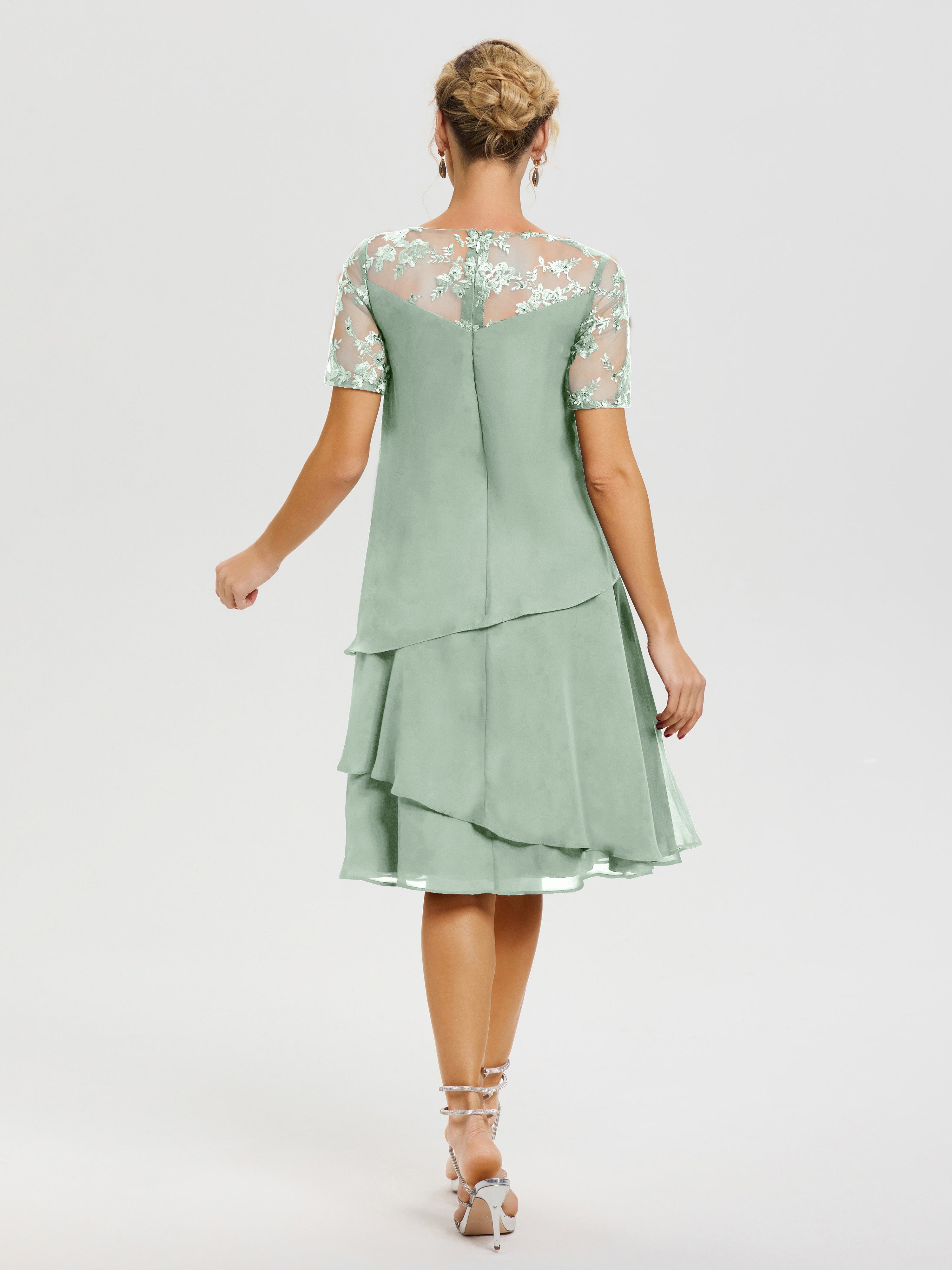 Robe Mère De La Mariee Celadon Col-Rond-Mancherons-Mousseline-Dentelle-Robe-De-Ceremonie-Mere-Du-Marie
