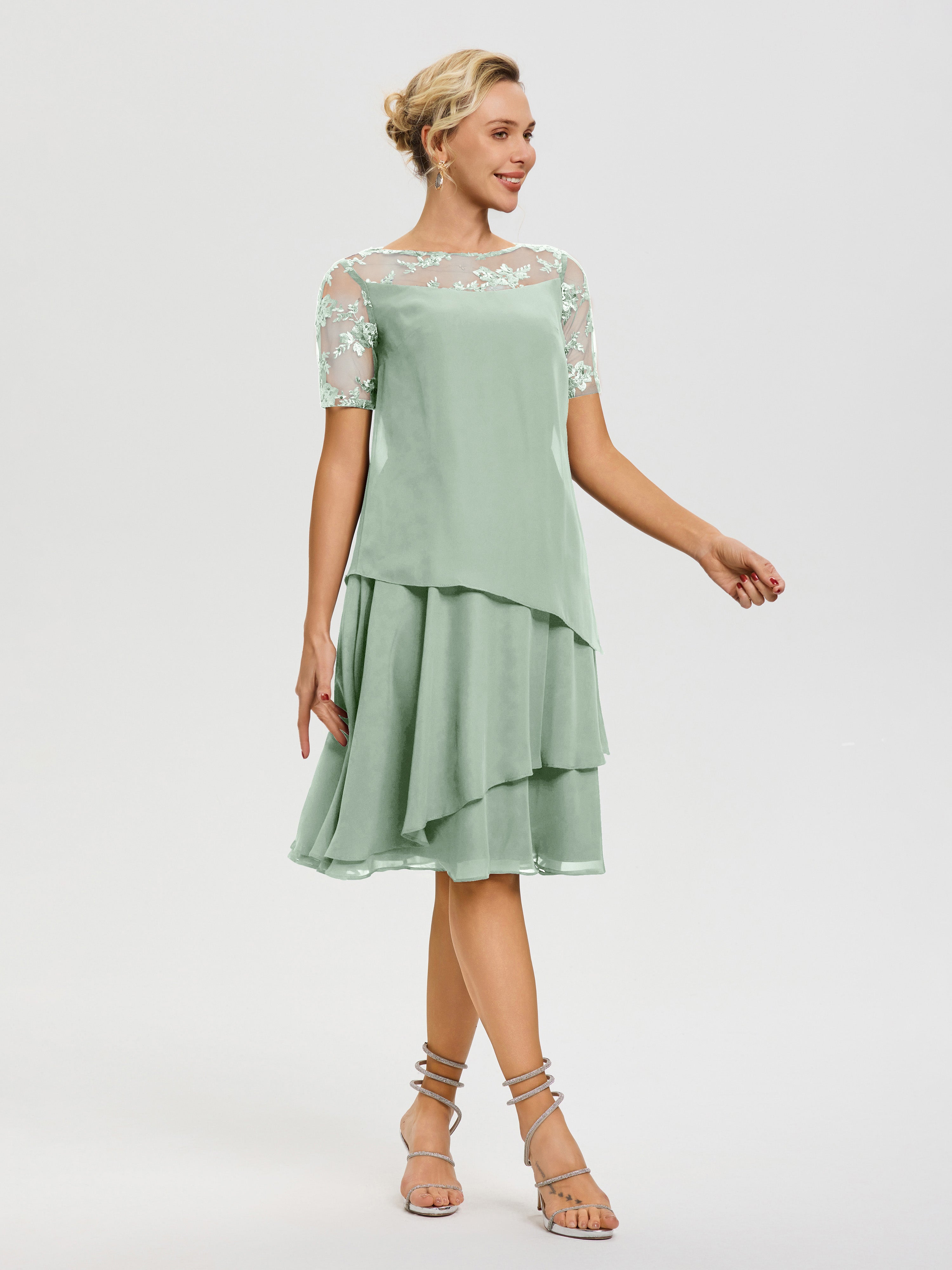 Robe Mère De La Mariee Celadon Col-Rond-Mancherons-Mousseline-Dentelle-Robe-De-Ceremonie-Mere-Du-Marie
