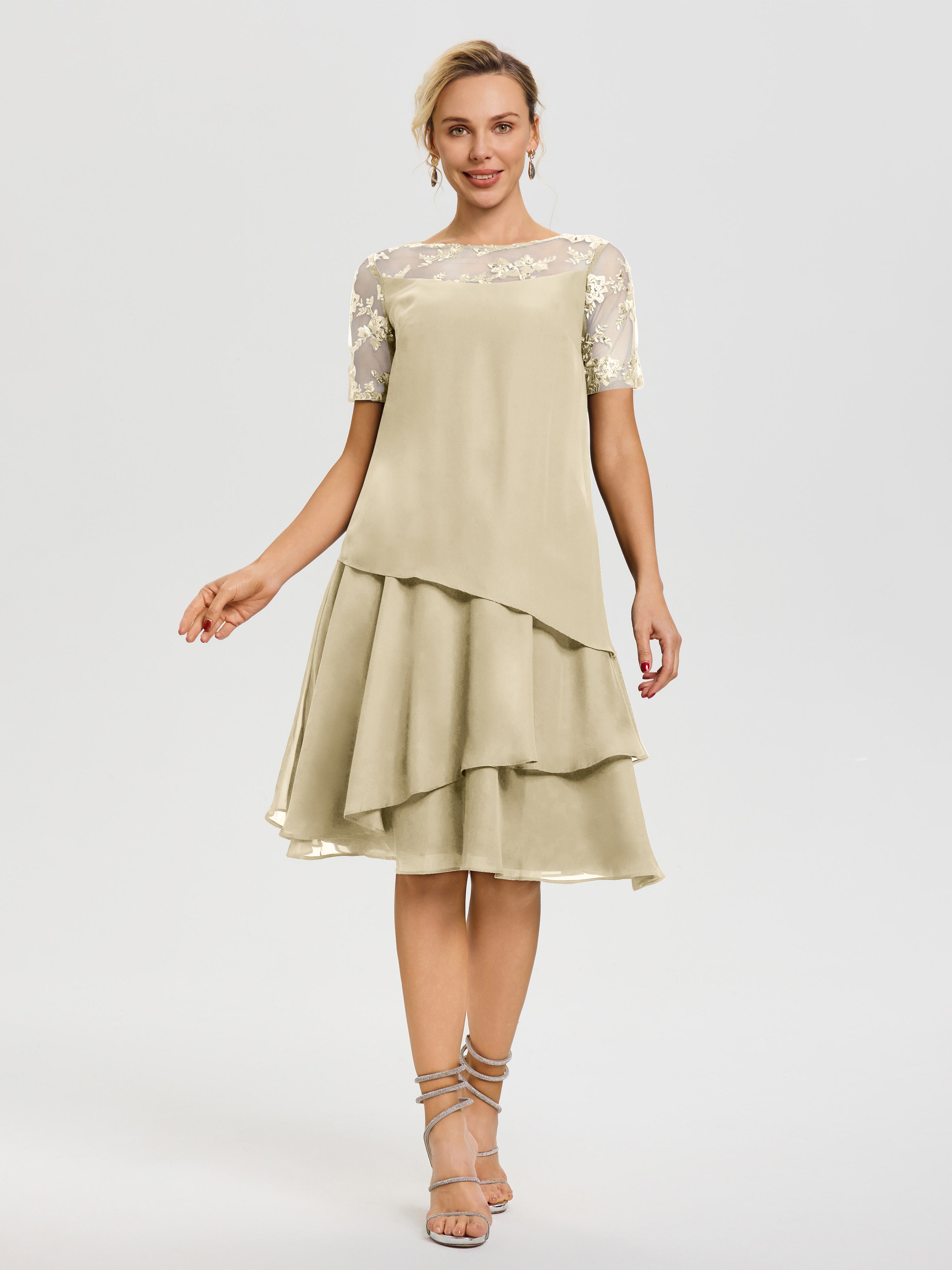Robe Mere De La Mariee Champagne Col Rond Mancherons Mousseline & Dentelle Robe De Cérémonie Mère Du Marié