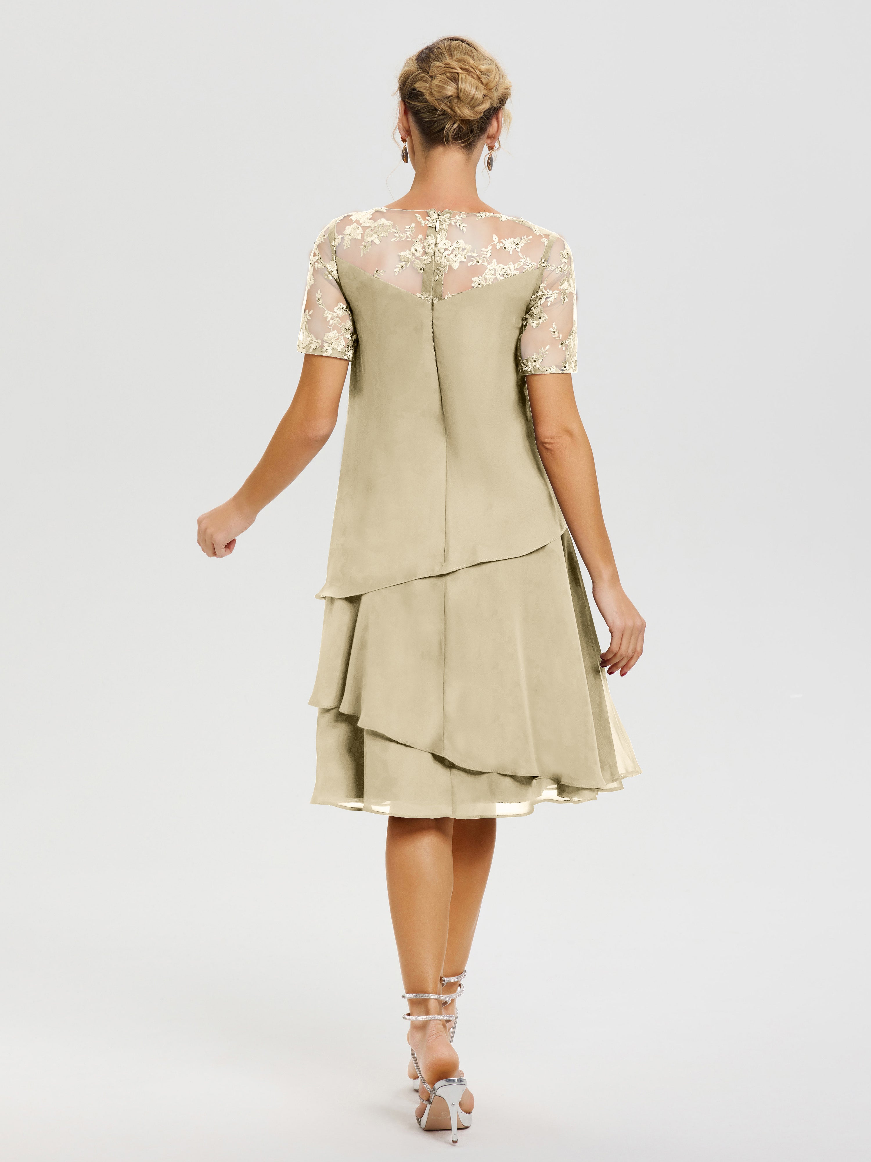 Robe Mere De La Mariee Champagne Col Rond Mancherons Mousseline & Dentelle Robe De Cérémonie Mère Du Marié