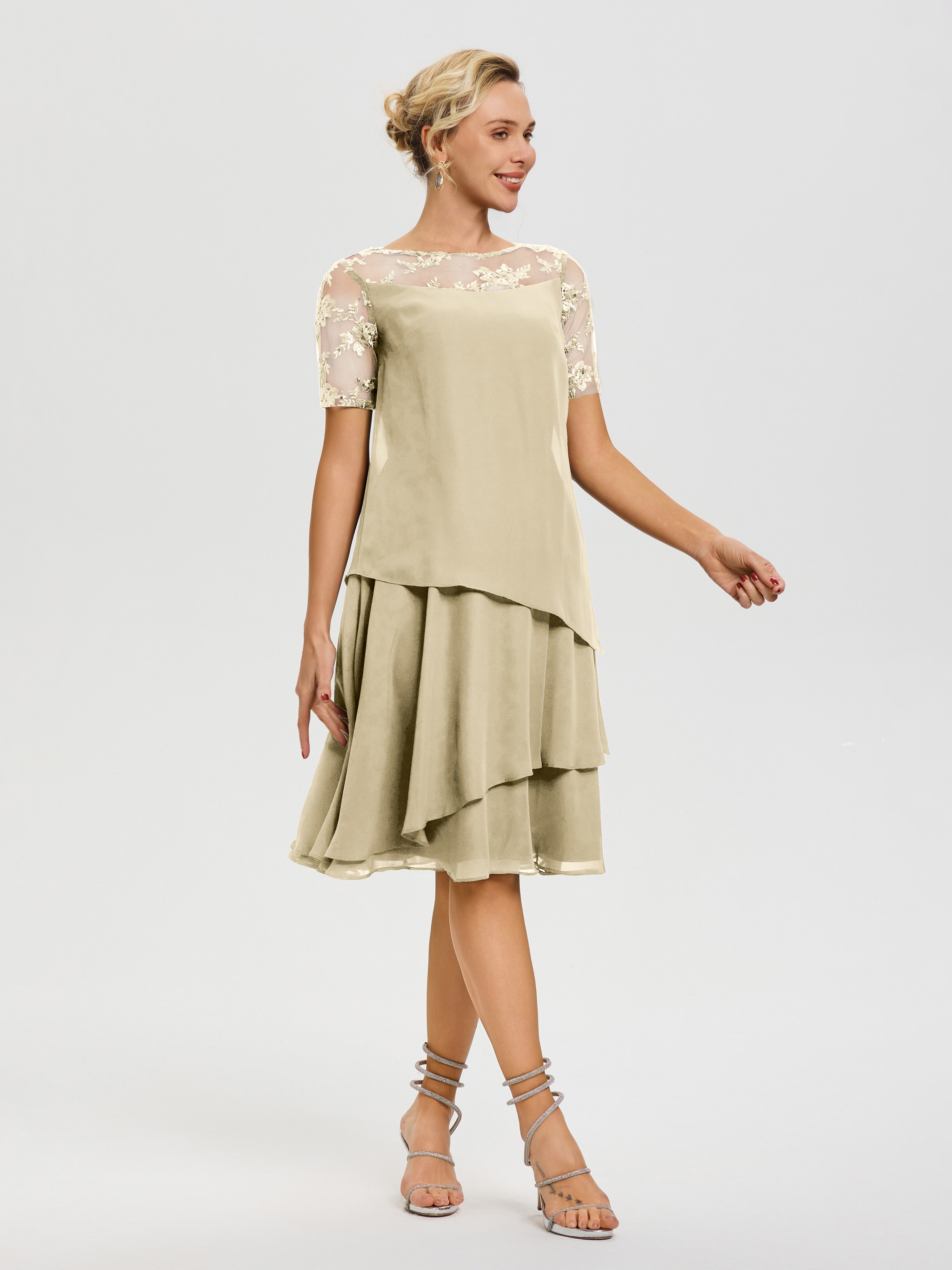 Robe Mere De La Mariee Champagne Col Rond Mancherons Mousseline & Dentelle Robe De Cérémonie Mère Du Marié