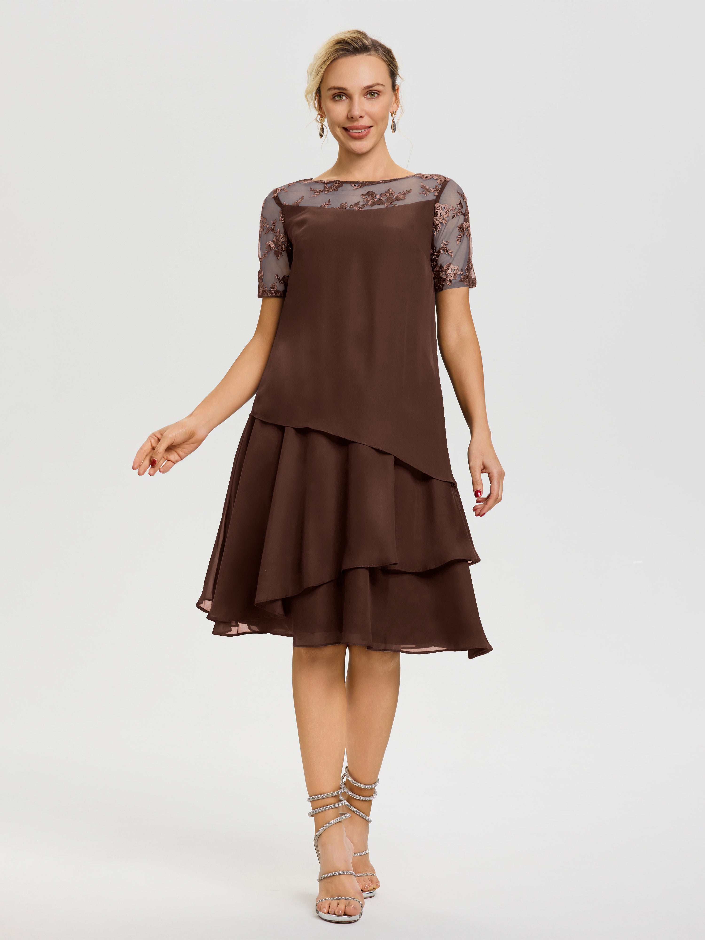 Cicinia Robe Mère De La Mariée Chocolat Col Rond Mancherons Mousseline & Dentelle Robe De Cérémonie Mère Du Marié