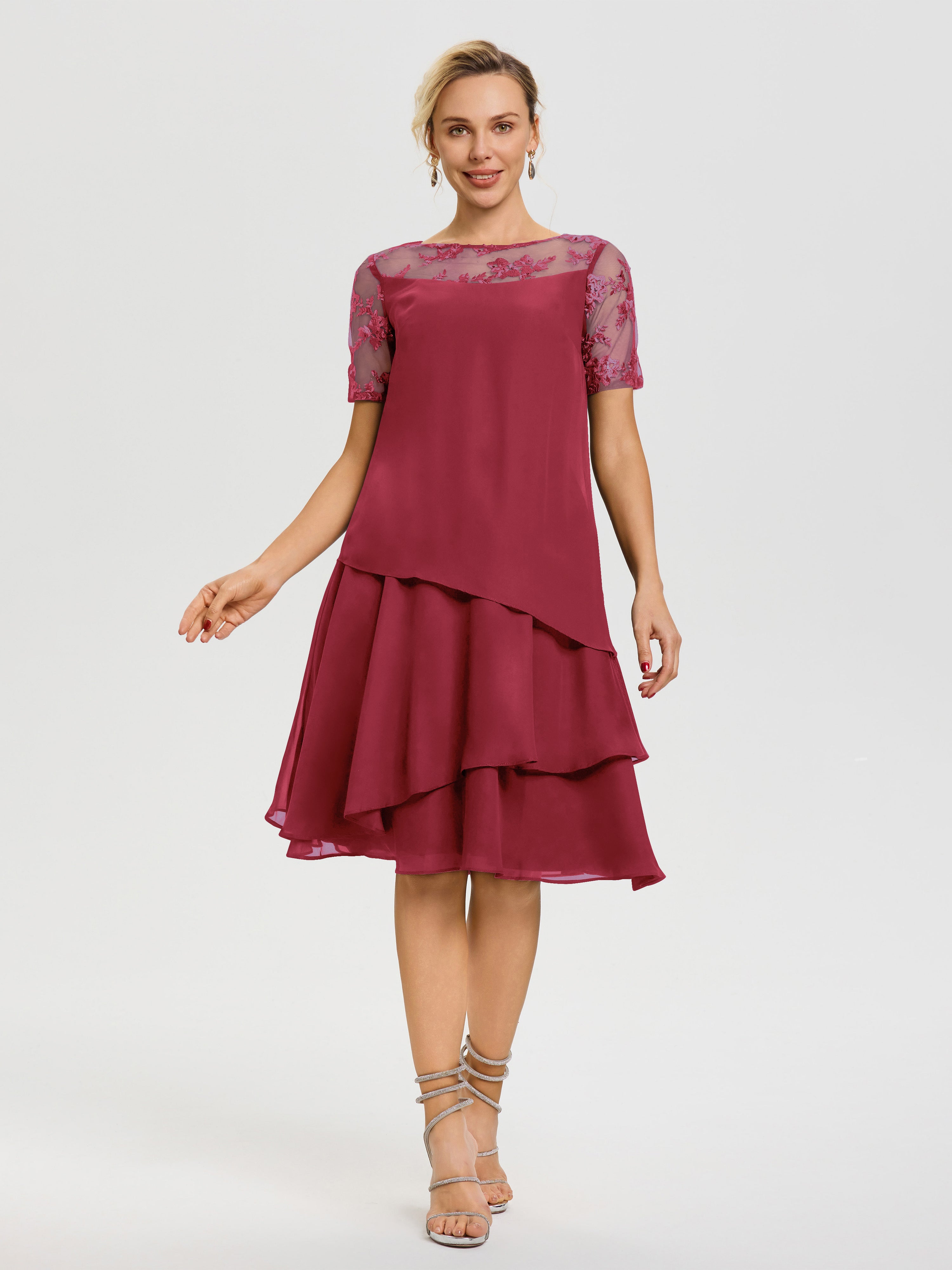 Robes Mères De La Mariée Rose Cannelle Col Rond Mancherons Mousseline & Dentelle Robe De Cérémonie Mère Du Marié