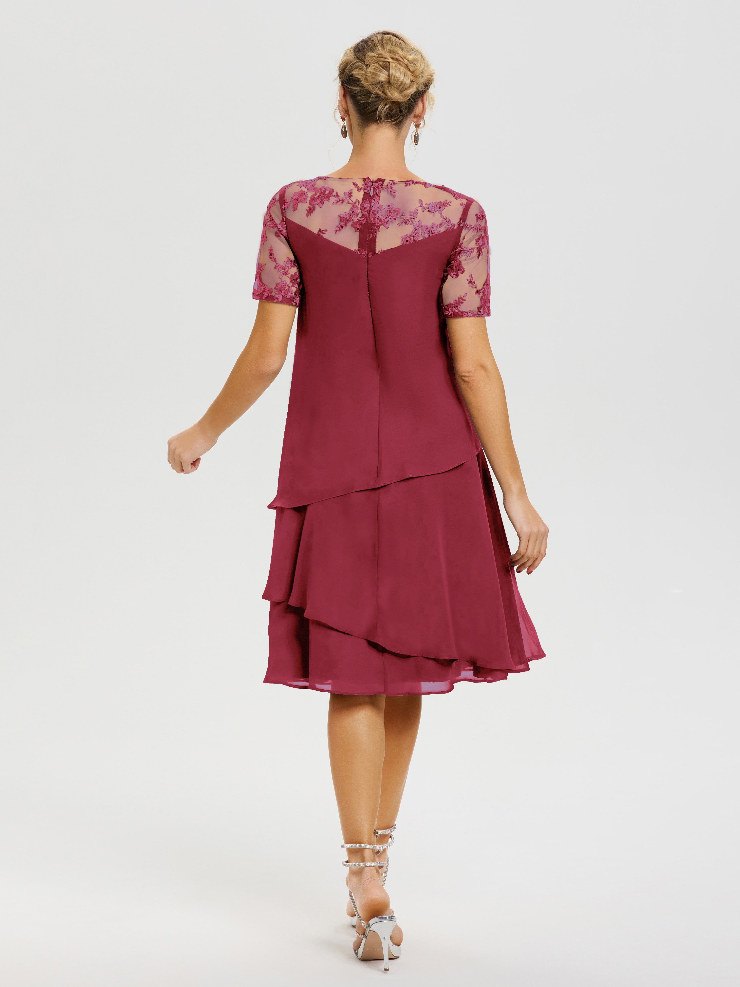 Robes Mères De La Mariée Rose Cannelle Col Rond Mancherons Mousseline & Dentelle Robe De Cérémonie Mère Du Marié
