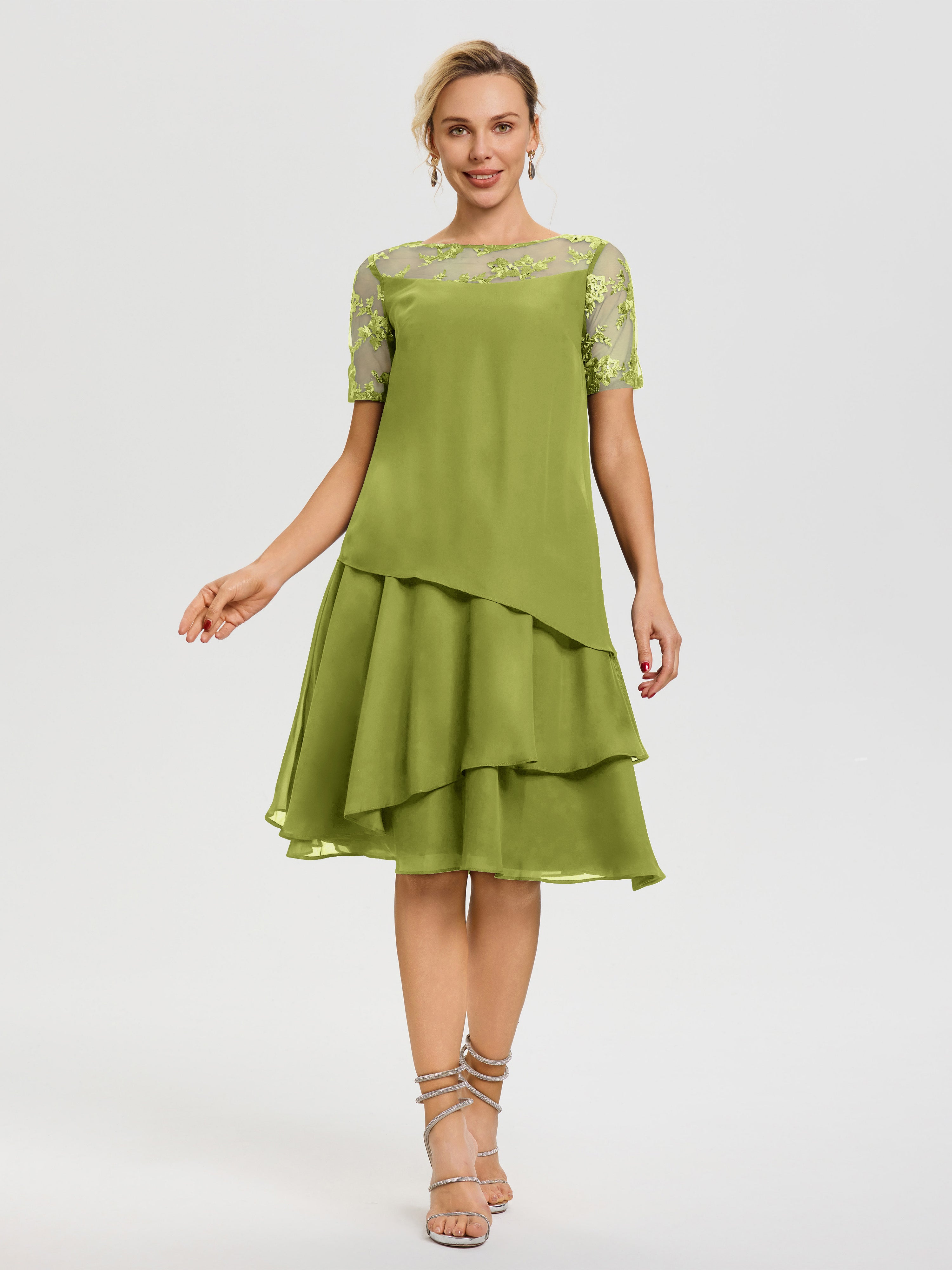 Robe Mère De La Marié Trèfle Col Rond Mancherons Mousseline & Dentelle Robe De Cérémonie Mère Du Marié