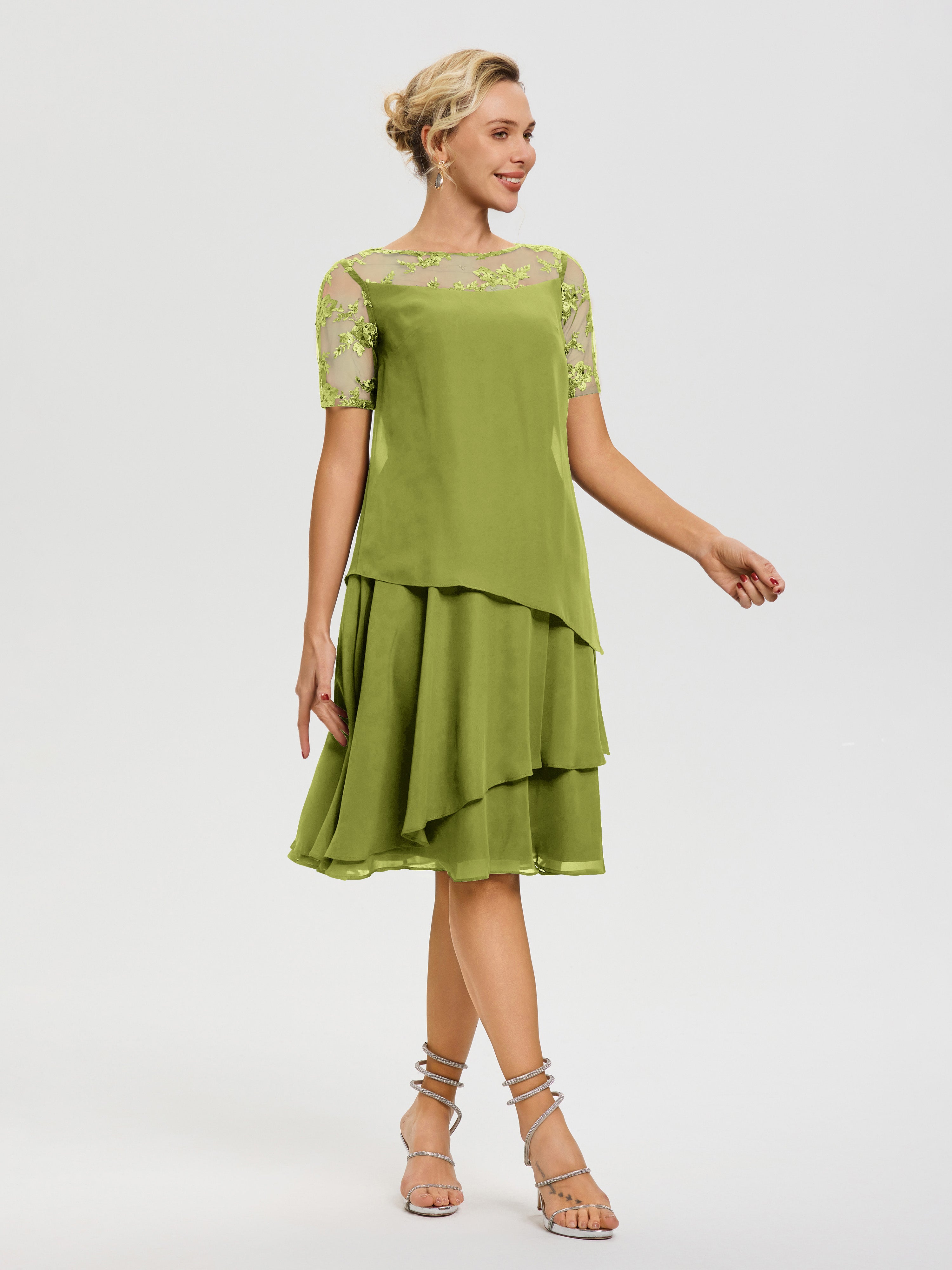 Robe Mère De La Marié Trèfle Col Rond Mancherons Mousseline & Dentelle Robe De Cérémonie Mère Du Marié