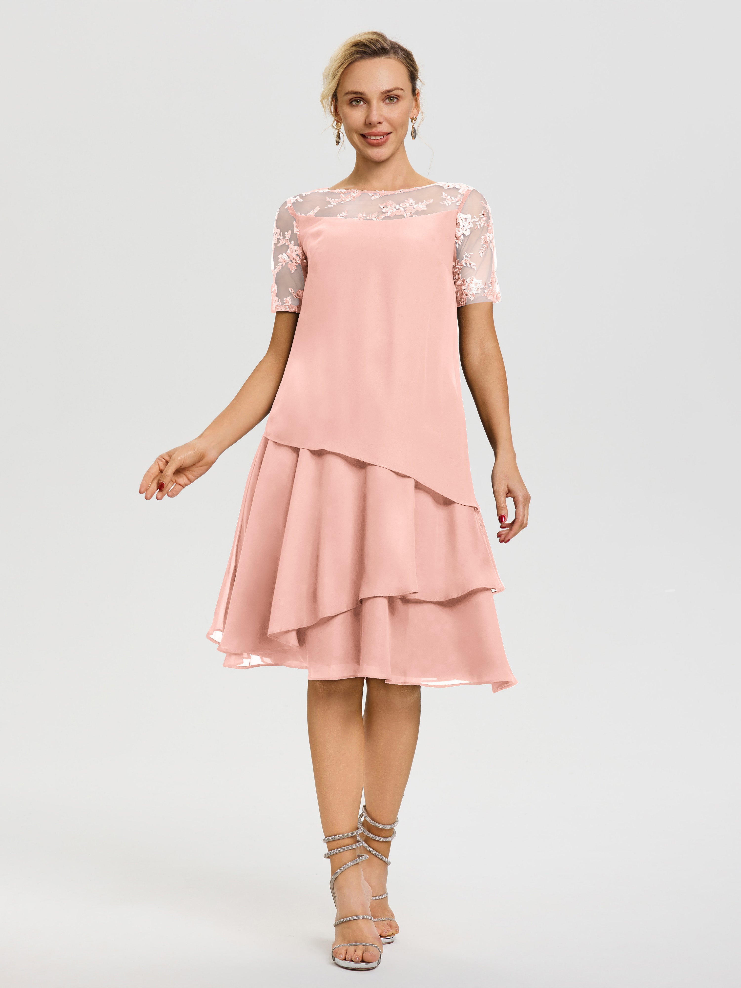 Robe Mère De La Mariee Corail Col-Rond-Mancherons-Mousseline-Dentelle-Robe-De-Ceremonie-Mere-Du-Marie