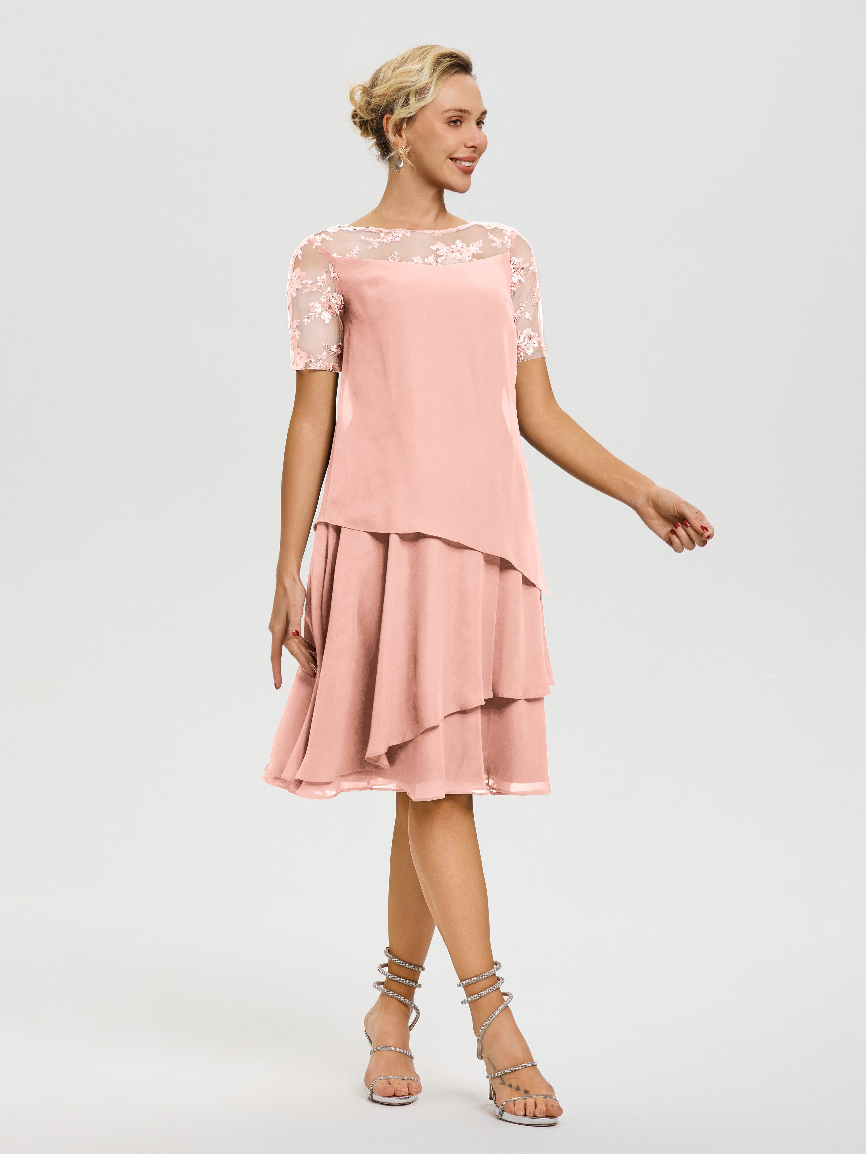 Robe Mère De La Mariee Corail Col-Rond-Mancherons-Mousseline-Dentelle-Robe-De-Ceremonie-Mere-Du-Marie