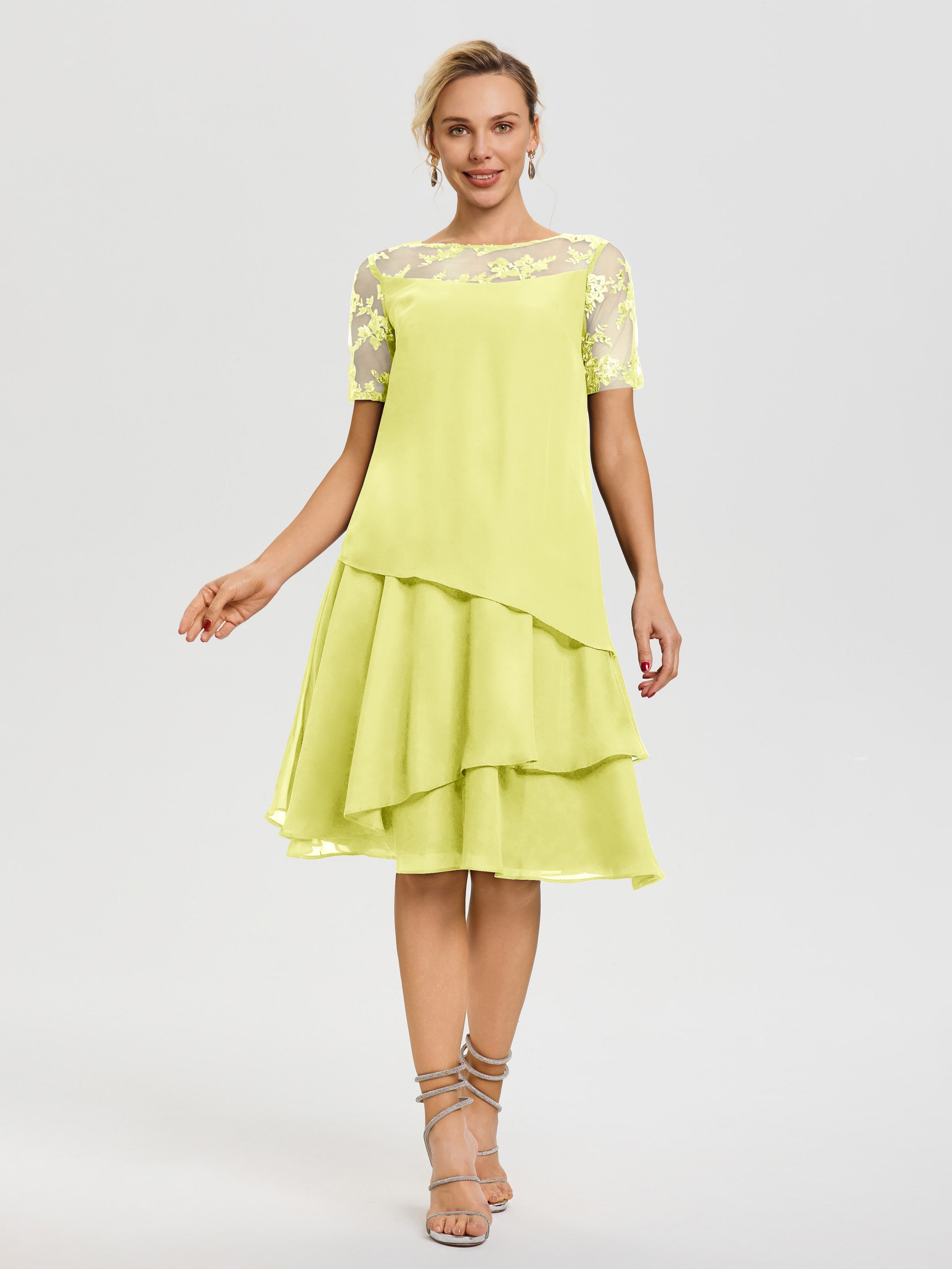 Robe De La Mère Du Marié Jonquille Col Rond Mancherons Mousseline & Dentelle Robe De Cérémonie Mère Du Marié