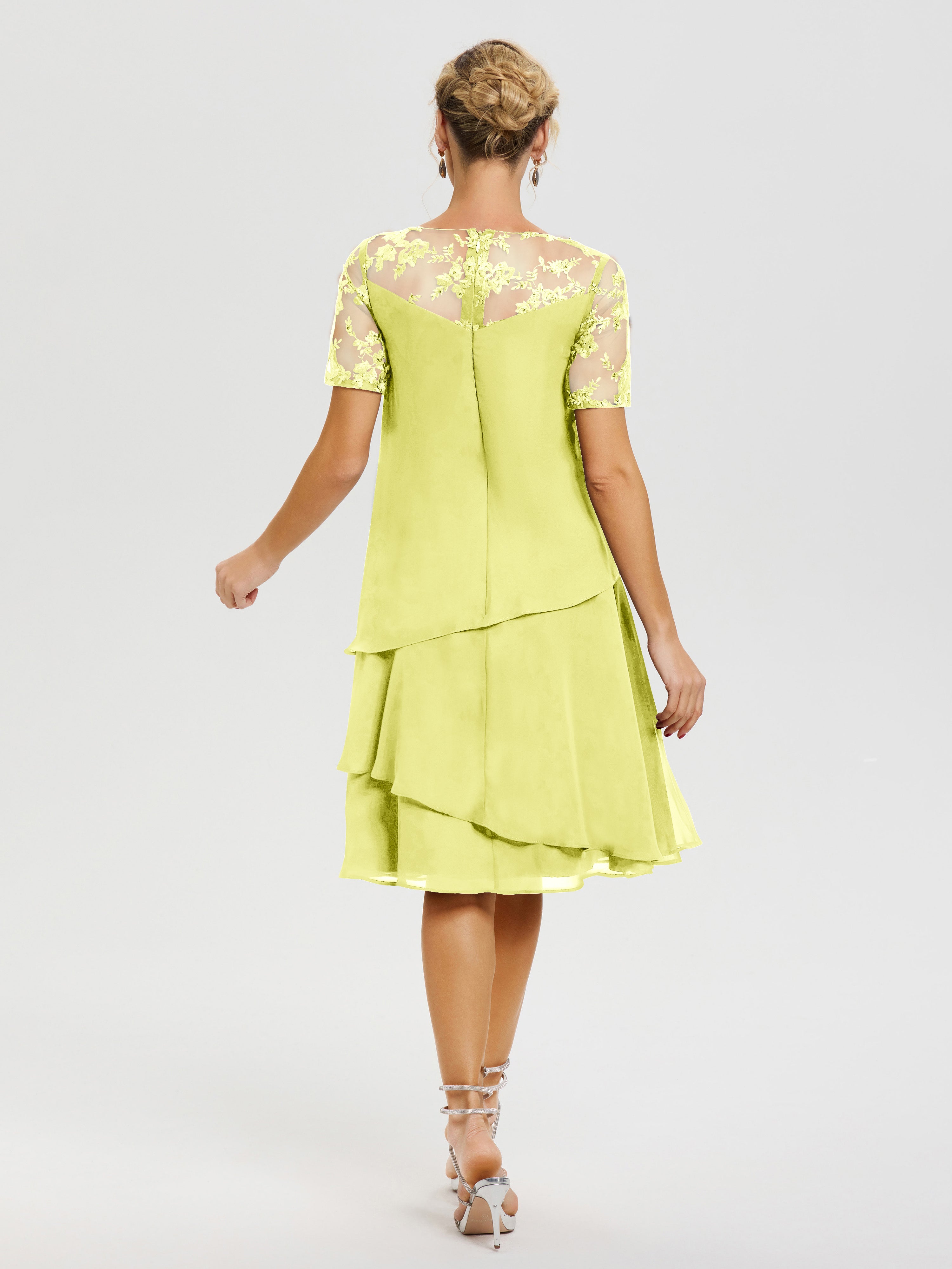 Robe De La Mère Du Marié Jonquille Col Rond Mancherons Mousseline & Dentelle Robe De Cérémonie Mère Du Marié